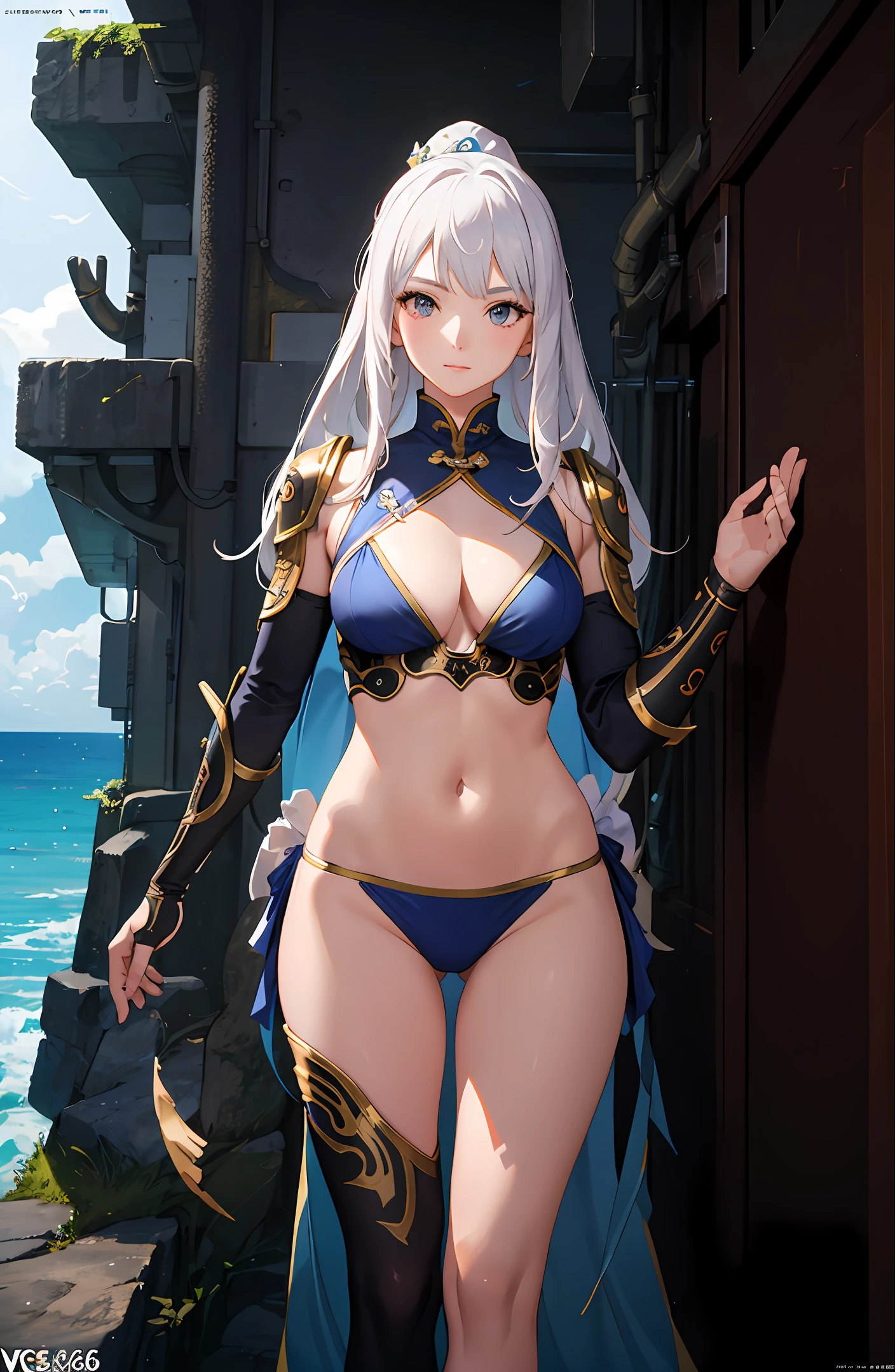 a girl, ancient chinese costume, sunlight, clear face, clean white background, masterpiece, super detail, epic composition, ultra hd, high quality, extremely detailed, official art, uniform 8k wallpaper, super detail, 32k -- v 6, bikini armor, octopus, ocean, cyberpunk