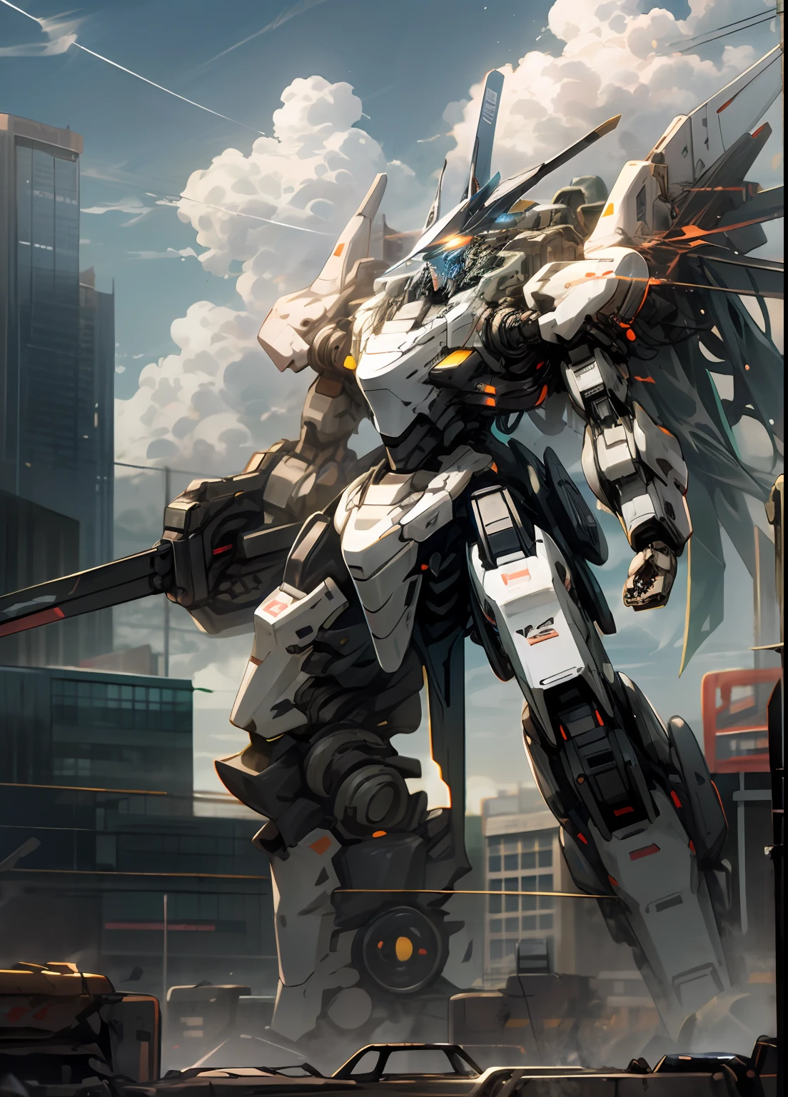 sky, cloud, holding_weapon, no_humans, glowing, , robot, building, glowing_eyes, mecha, science_fiction, city, realistic,mecha