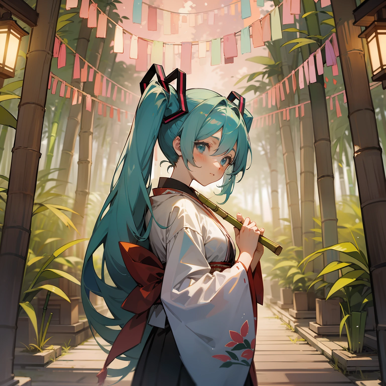 Hatsune Miku, Kyoto with bamboo in the background, celebrating Tanabata,
