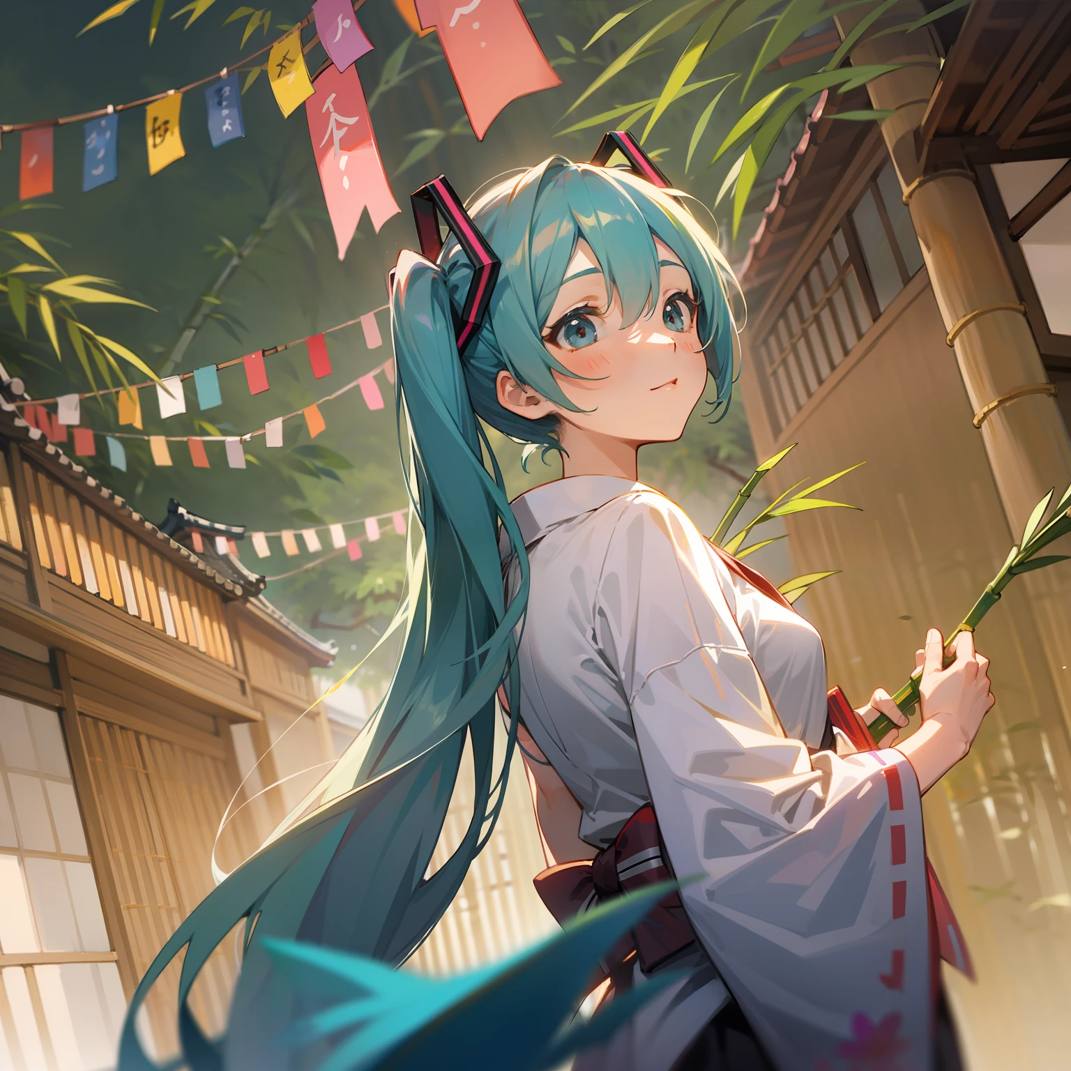 Hatsune Miku, Kyoto with bamboo in the background, celebrating Tanabata,