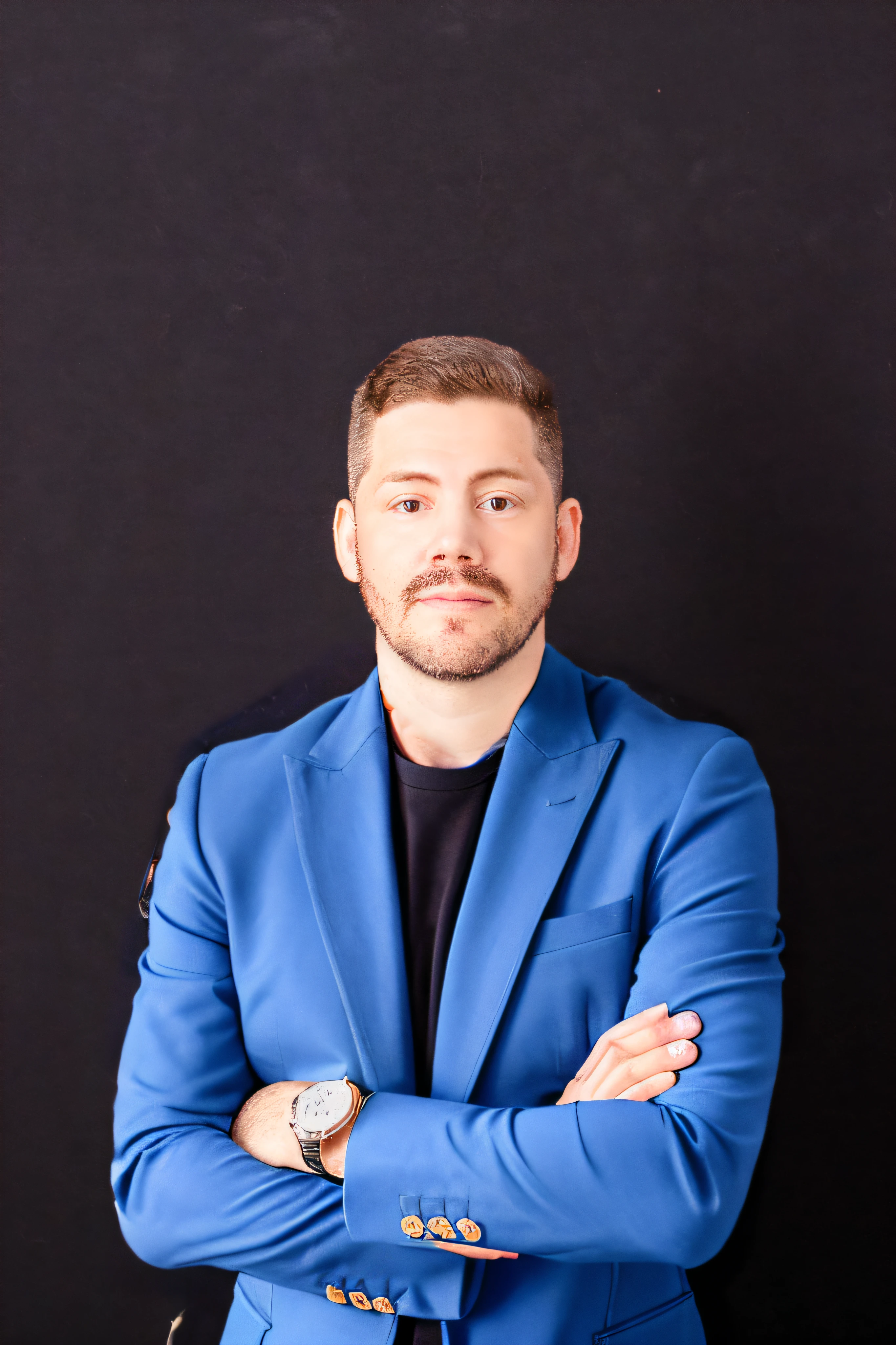 men's blazer in blue color, high standard, luxury, man with crossed arm and gold watch, professional, luxury blazer, ultra realistic, 8k, hyper-realism