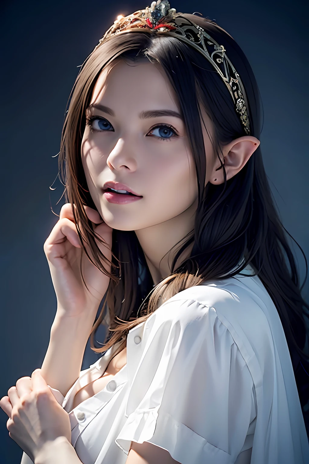 Ultra-detailed complex 3D rendering of the face, (Colossal: 8.8), (masterpiece, top quality, octane rendering, 8K), glamour shot full body image, very beautiful young elf, cleavage, (very detailed skin: 1.2), (exposure: 1.1), brown hair, ((wearing a plummet open shirt of white silk: 1.5)), beautiful Caucasian woman with full soft breasts and dark skin, big buttocks, 1 person, long braided hair, big breasts, dynamic angle, mystical expression, ultra-realistic photos, (((((portrait))), bare feet, futuristic urban background, facial muscles, detailed and beautiful queen crown, in the style of Marvel Comics, ArtStation trends, clear focus, studio photography, intricate details, very detailed, detailed red eyes, very detailed, Sharp focus, digital rendering, professional, abs, dark gray background, shot with Canon EOS R 6, (Sexy Pose)))), seductive look,