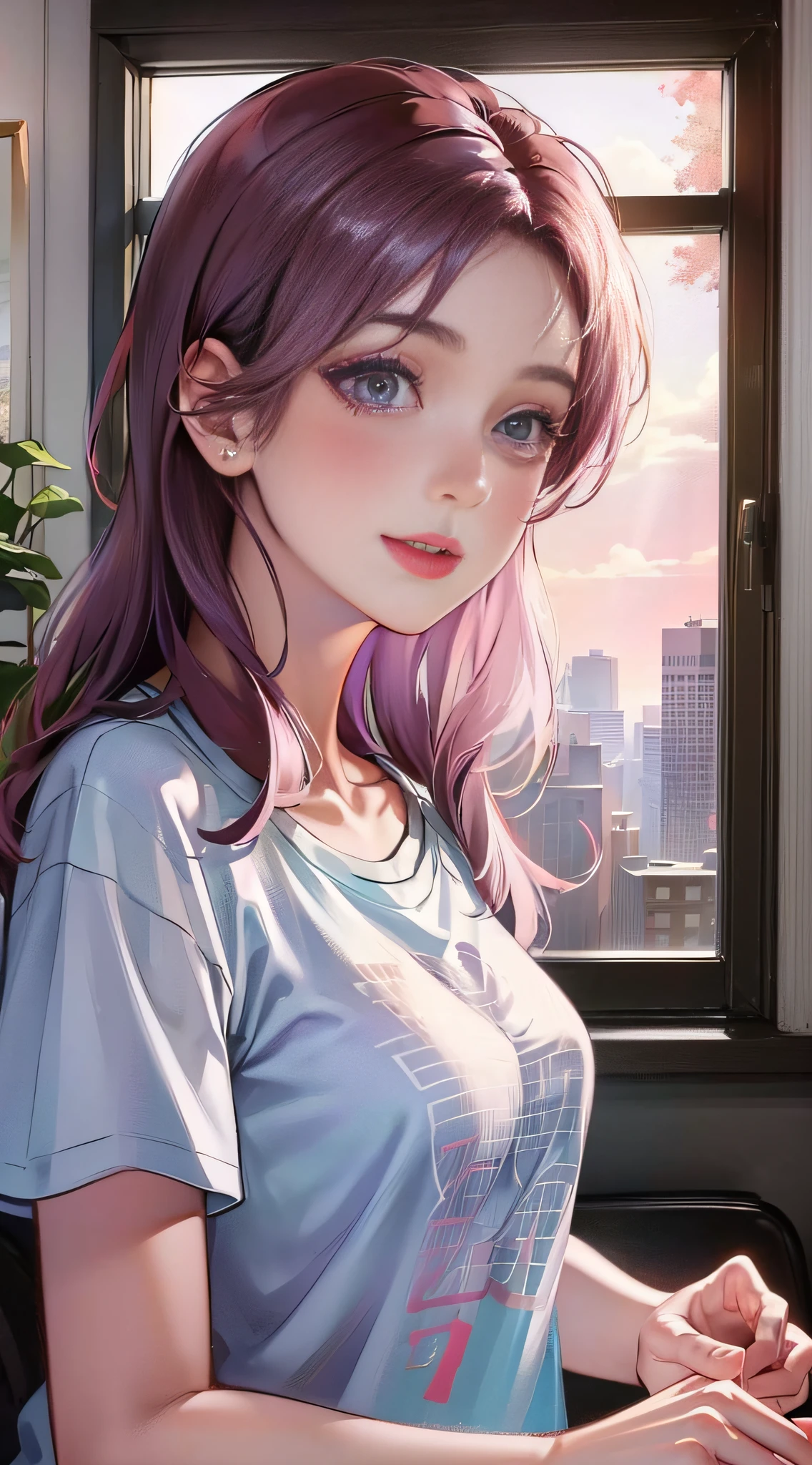 (higher resolution, distinct_image) The best quality, a woman, masterpiece, highly detailed, semi realistic, 21 years old, beautiful, young, handsome, t-shirt, lilac shirt pulled, collar on neck, interior, modern room, window, wake up, morning, blush, smiling