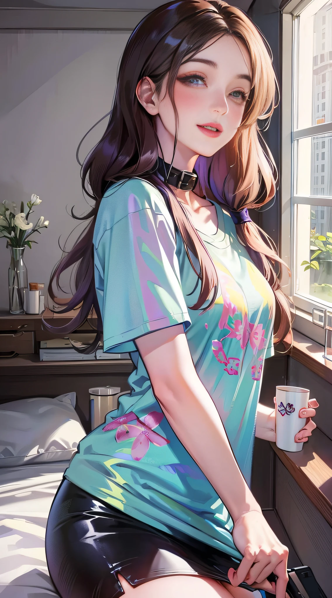 (higher resolution, distinct_image) The best quality, a woman, masterpiece, highly detailed, semi realistic, 21 years old, beautiful, young, handsome, t-shirt, lilac shirt pulled, collar on neck, interior, modern room, window, wake up, morning, blush, smiling