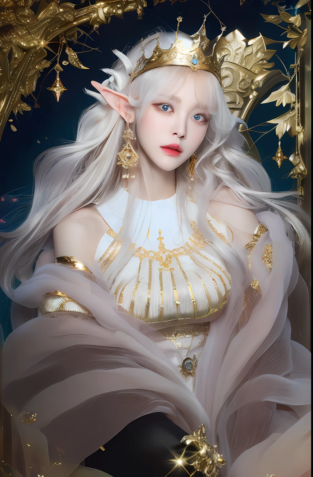Draw a woman with long white hair and a golden crown, beautiful and elegant elf queen, Guvez style artwork, (((beautiful fantasy queen)), fantasy art style, 8k high quality detail art, fan art best art station, beautiful character painting, beautiful fantasy queen, detailed long white hair, inspired by WLOP, popular on cgstation, good fingers, big eyes, water spirit big eyes, healthy fingers