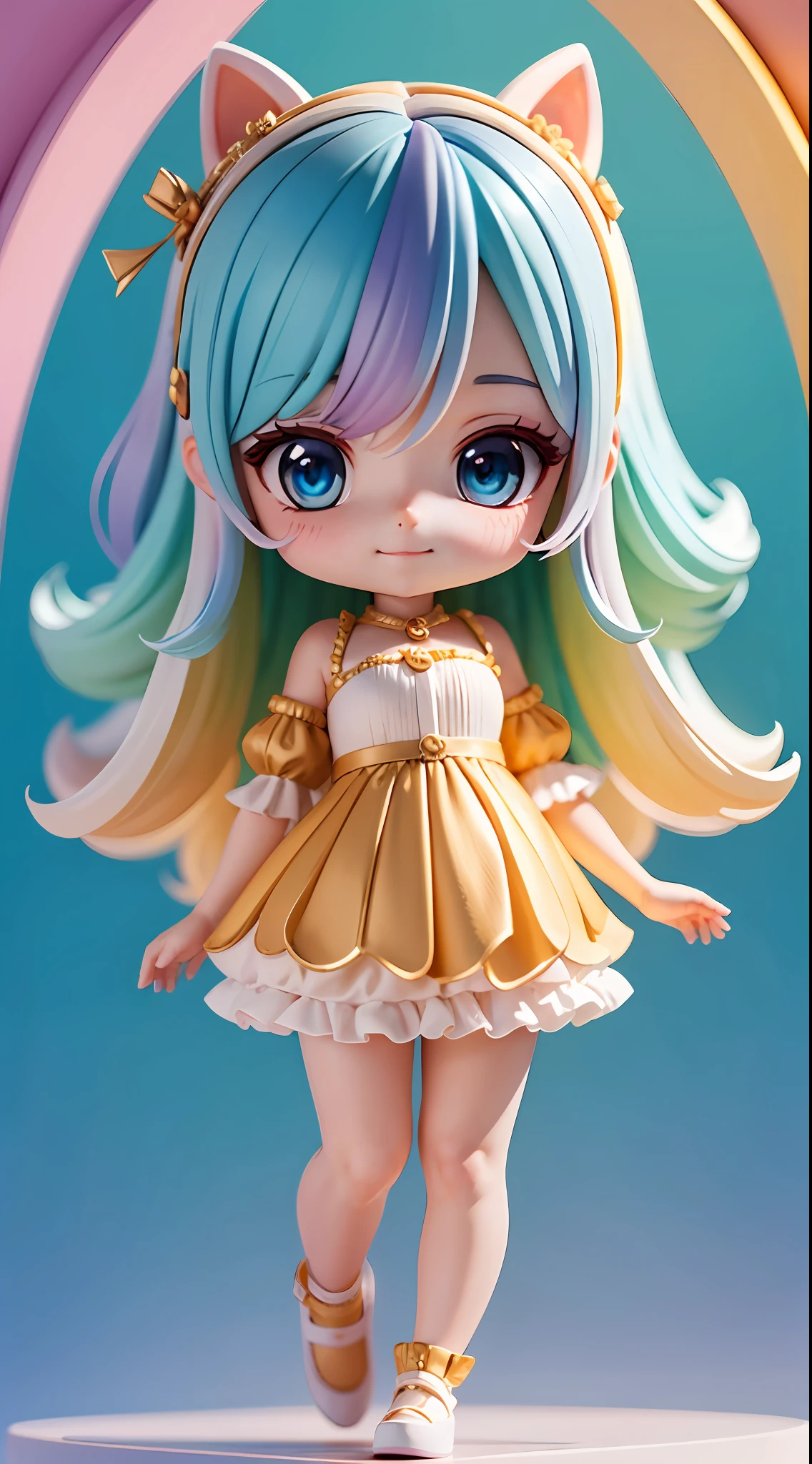 ((best quality)), ((masterpiece)), ( extreme detailed, highest detailed, official art, beautiful and aesthetic:1.2), depth, composition FULL BODY, CHIBI, Cute, beautiful eye, colorful ombre hair, rainbow gradient outfit, smilling, bokeh, bloom, blurred background