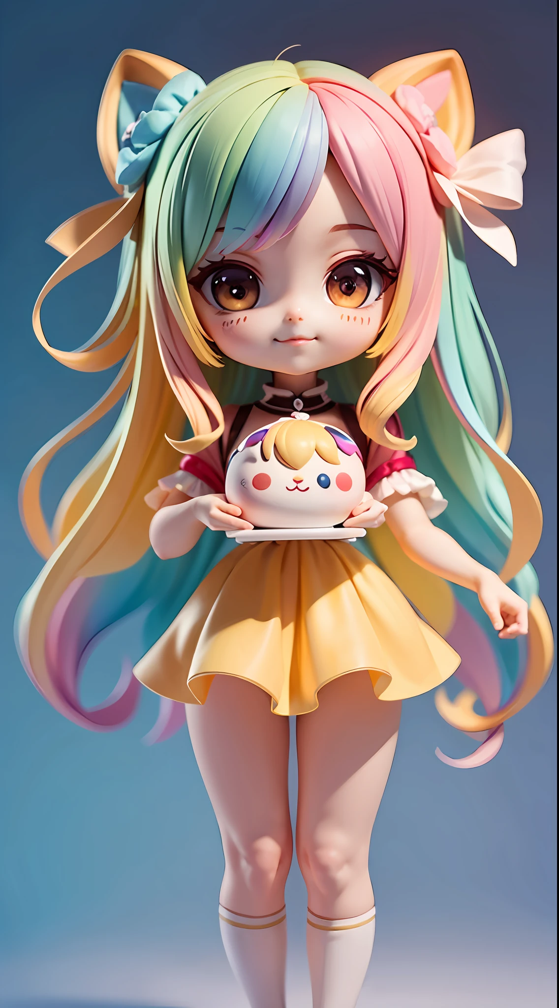 ((best quality)), ((masterpiece)), ( extreme detailed, highest detailed, official art, beautiful and aesthetic:1.2), depth, composition FULL BODY, CHIBI, Cute, beautiful eye, colorful ombre hair, rainbow gradient outfit, smilling, bokeh, bloom, blurred background