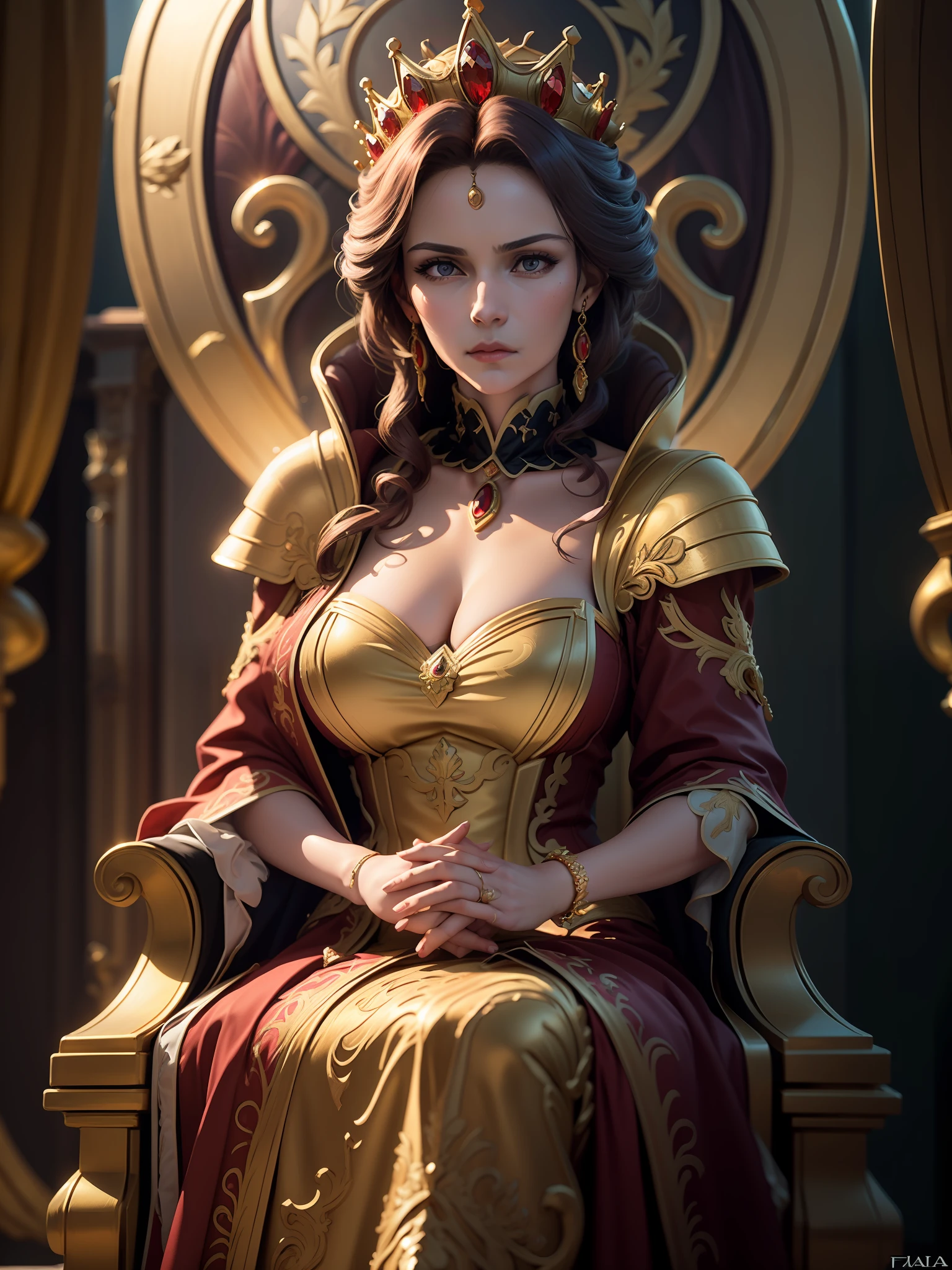 best quality, masterpiece, detail, intricate details, realistic cinematic lighting, (fantasy art: 1.6), (ceza: 1.1), (façade: 1.2), upright, royal, majestic, queen, (huge and golden thrones: 1.4), crown, close up front, solemn, throne, upright posture, serious, dignity, gaze ahead, contemplation, jewelry, solo, divine light, 1 woman, (gold and red dresses:1.2), golden palace,mirelia