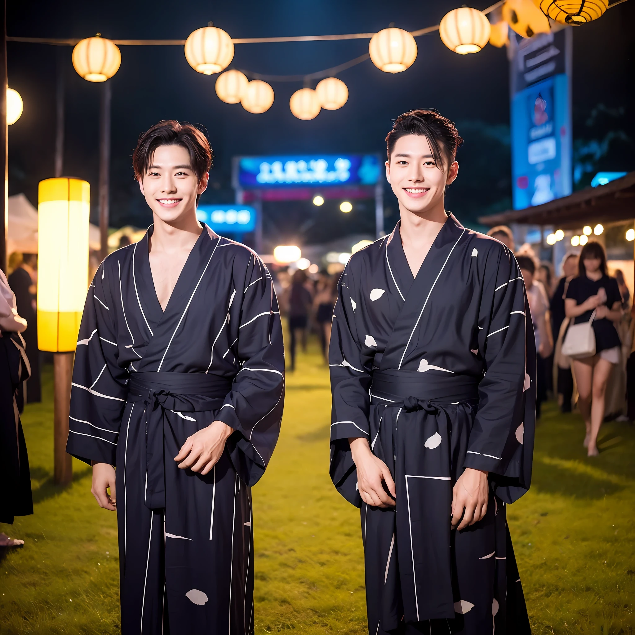 Full body, Wide shot, Super handsome, Beautiful face, Single naughty man, Solo, 22 years old, Man only, Japan person, Smile, Fluffy yukata, Black shaved side hair, Extra short hair, Night summer festival