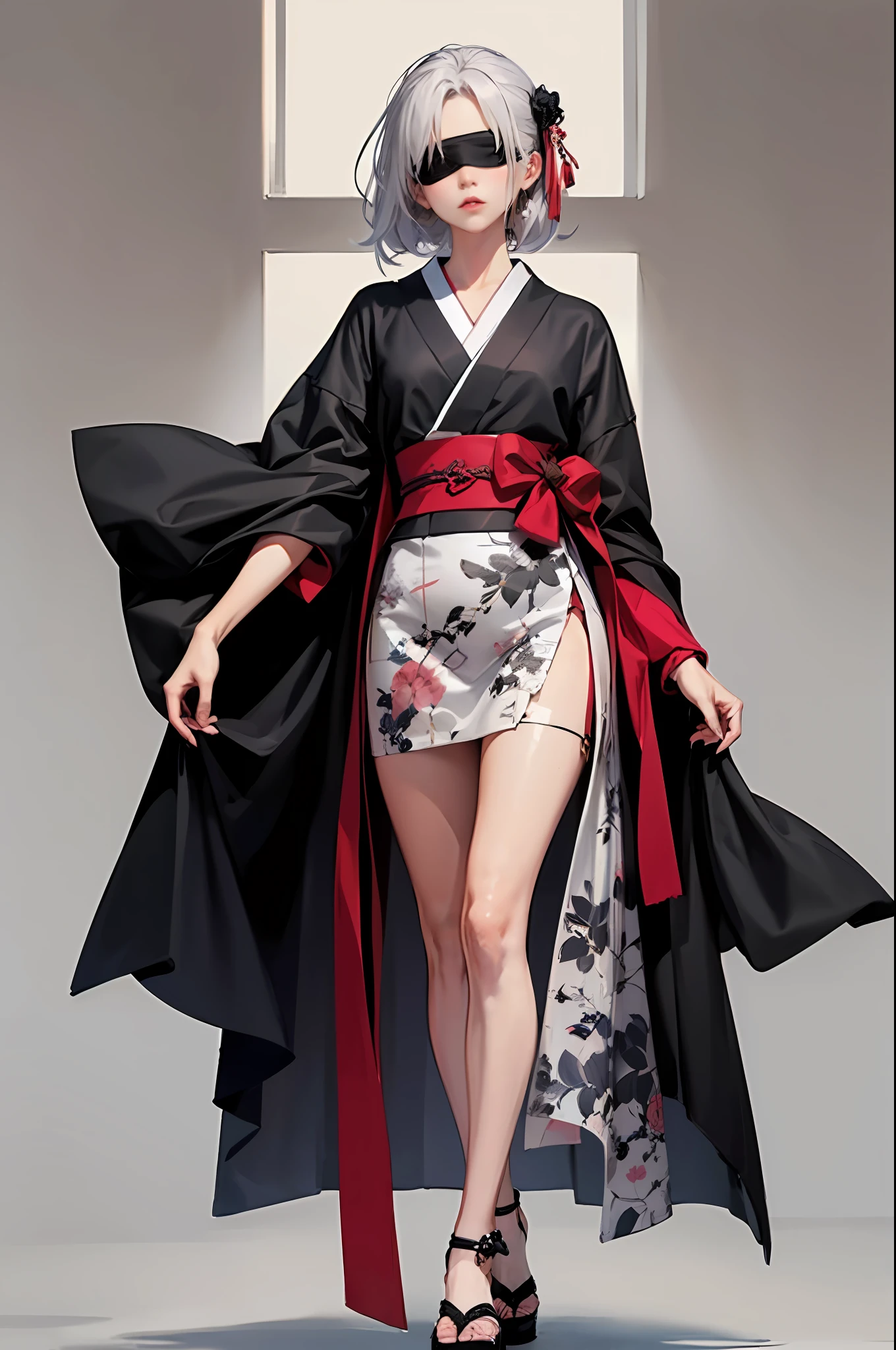Anime character in black and red kimono, Morikage Kusumi, ((Black cloth blindfold with the first pattern)), pixiv, Shinhanga, Style Art Gem, Kimono, Mini skirt, Robe, Art Germ style, highly detailed Art Germ, Krenz Kushat and Art Germ, flowing robe, portrait of a character inspired by Kushart Kenz --auto