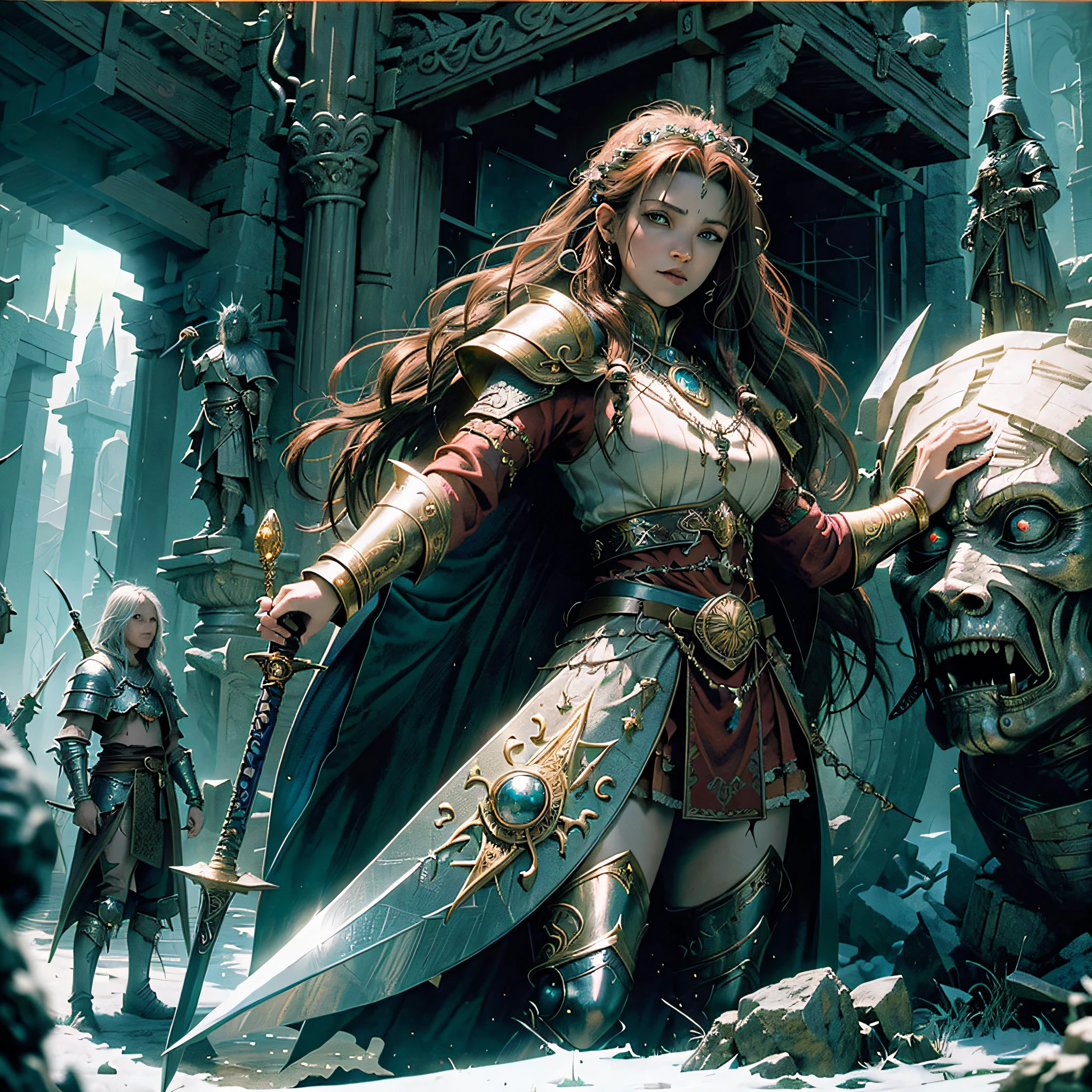Ultra-high definition, 4k, fantasy art, one dwarf, female, intense details, cleric, intense details, with heavy white plait mail armor, holding a holy symbol, armed with a sword, radiates magic, red long braided hair, green eyes, blue cloak with axe sigils, flowing, epic fantasy art, standing in front of a fantasy setting temple ,at dawn, masterpiece by, fantasy art, dnd art, epic fantasy, art style --auto