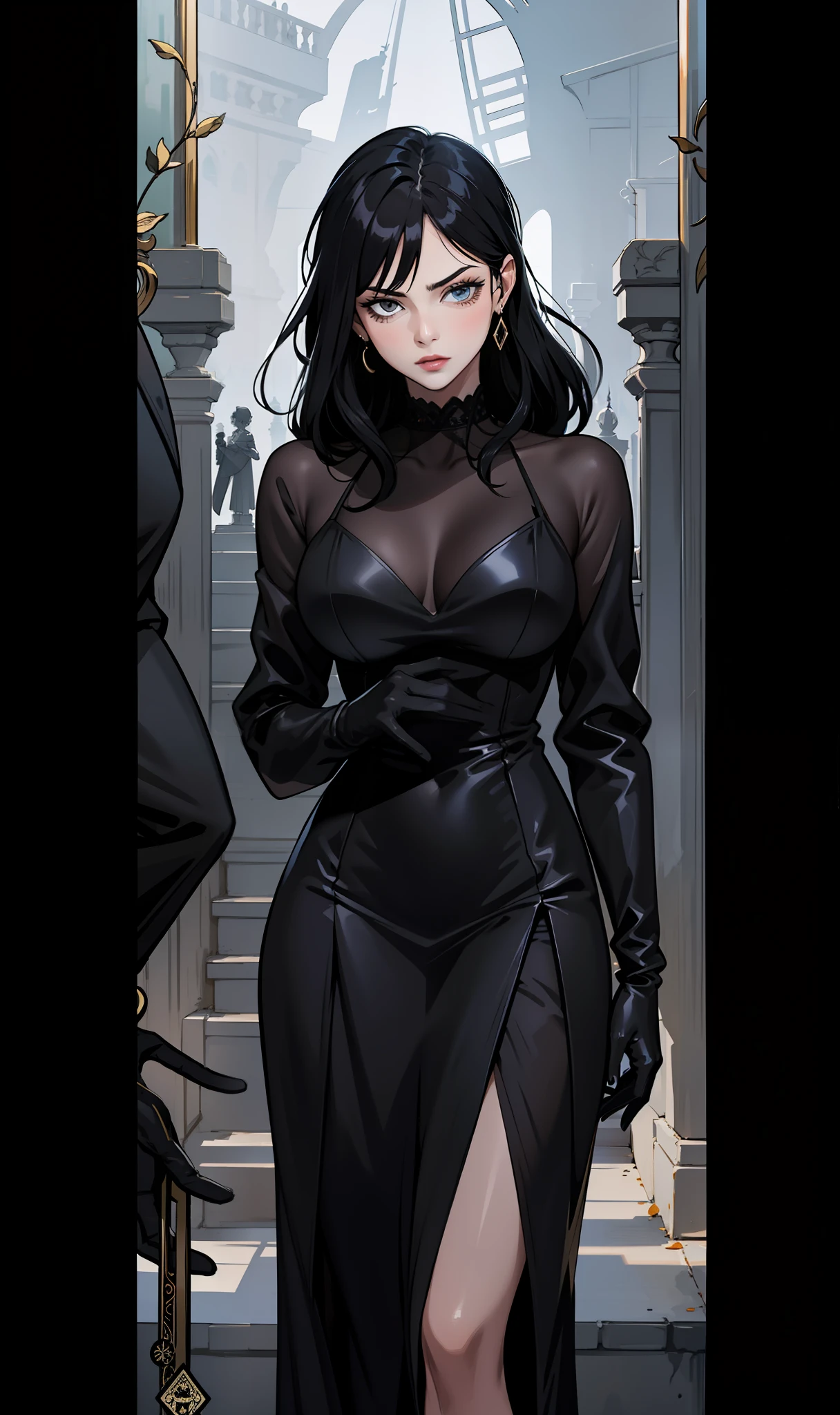 Black suit, black long dress, beautiful lady, wary gaze, black gloves, elegant, (tarot card style) dark color