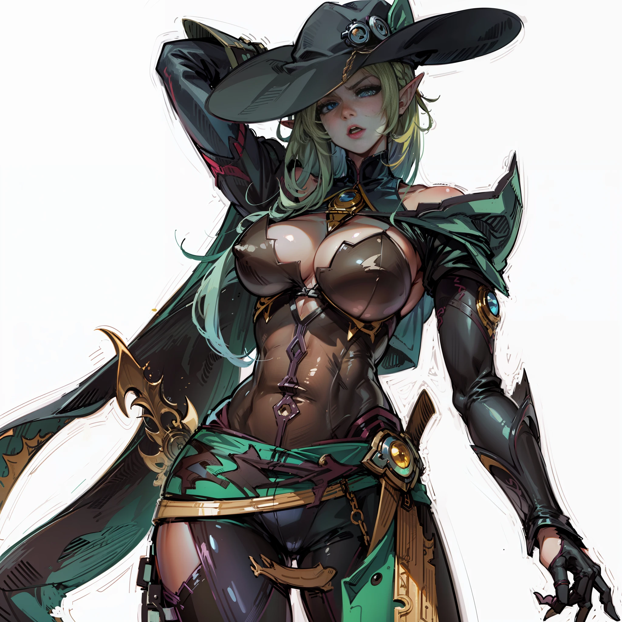 (((1girl))), long yellow hair, blue eyes, elf ear, large breasts, well made anime eyes, well done anime nose, serious expression