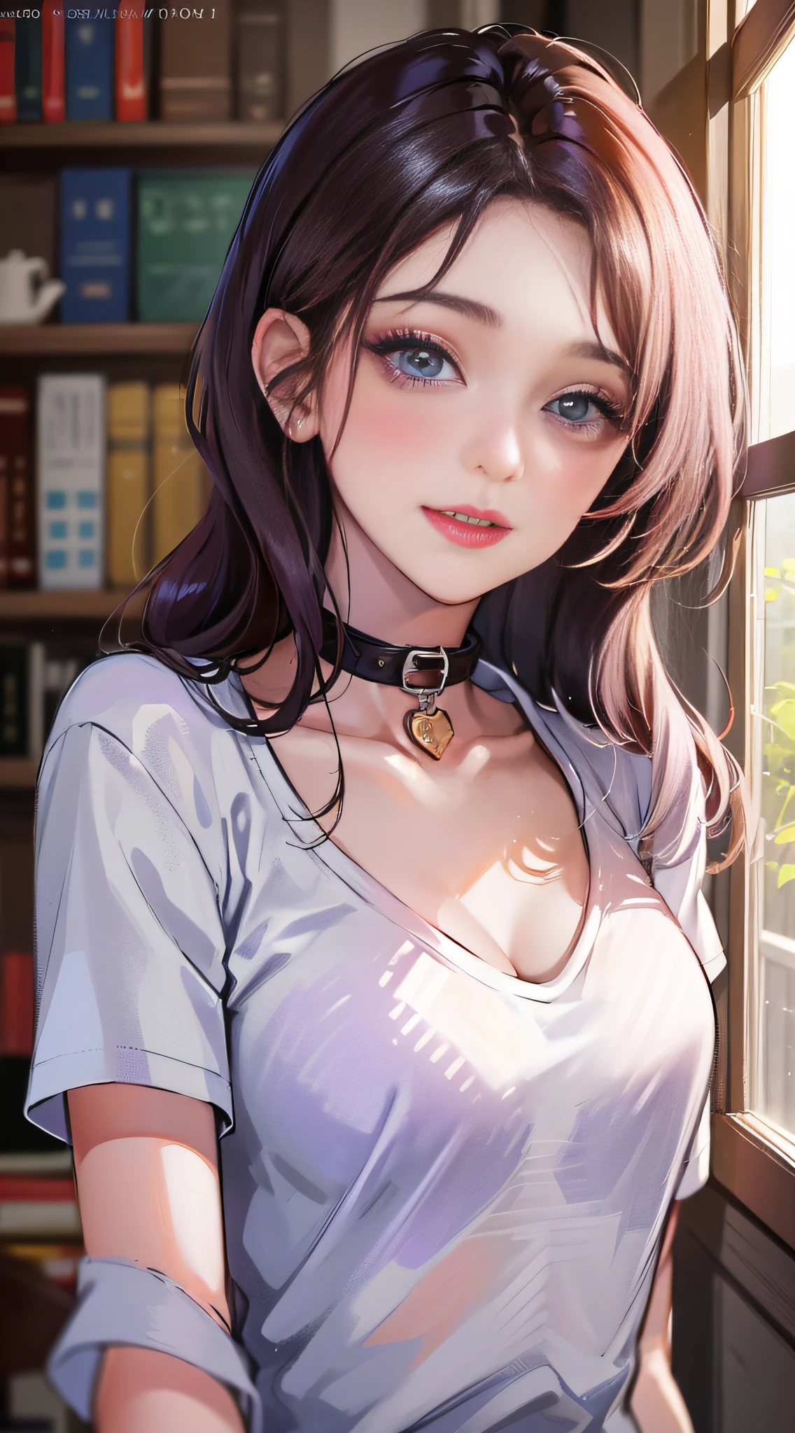 (higher resolution, distinct_image) The best quality, a woman, masterpiece, highly detailed, semi realistic, 21 years old, beautiful, young, handsome, t-shirt, lilac shirt pulled, collar on neck, interior, modern room, window, wake up, morning, blush, smiling
