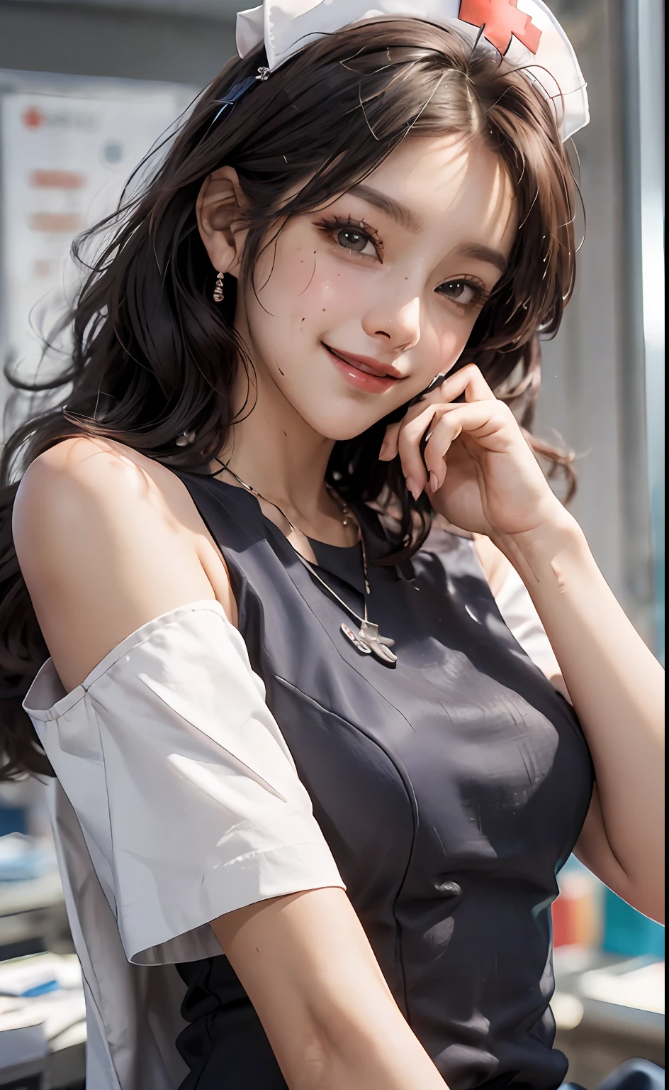((Top Quality, 8K, Masterpiece: 1.3)), (Intricate Details), Perfect Detail Face, Detailed Eyes, Very Detailed, Blush, Hair Accessories, Lipstick, (Layered_necklaces:1.2), Detailed Background, Realistic Photos, Sharp Focus: 1.2, Perfect + Slim Style, ((Looking at the Camera))), Open Mouth Yawns, (((Cute Smile)), Two Beautiful Girls, Twins, Wearing Mech Nurse Uniform, Gundam Battle Suit, Mech Equipment, known for heavy sweating, waist contraction, beautiful legs, smooth skin, very detailed face and skin texture, detailed eyes, single eyelids, thin cheeks, healthy skin, (layered hairstyle, dark brown hair), nurse cap, that kind of hanging needle, ((nurse uniform: 1.2)))), ((off-the-shoulder: 1.5)), (messy clothes and hair: 1.3), ((in the medical operating room)), from below, ((very happy look)), (seductive appearance: 1.5),