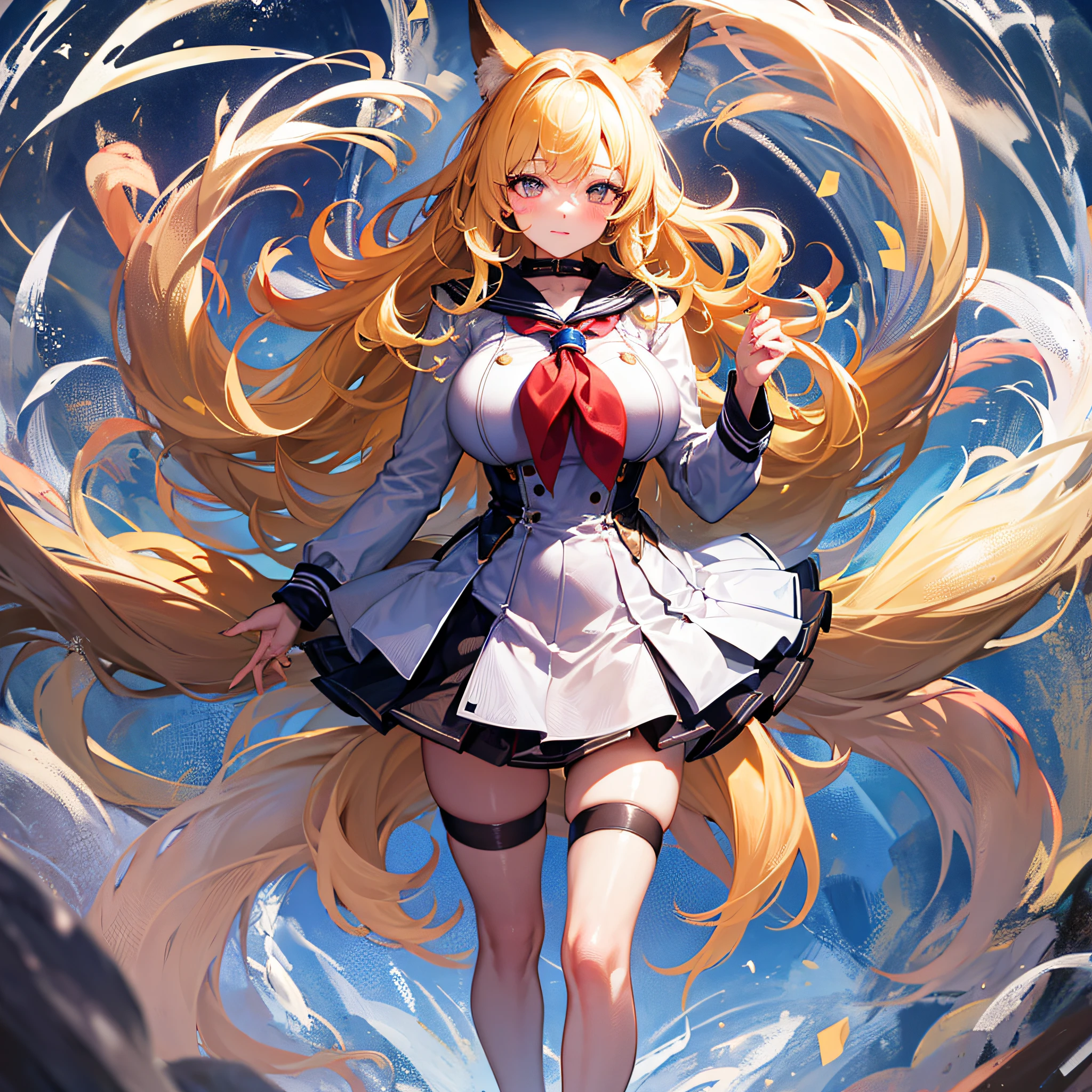 Absolutely beautiful fox girl, perfect slim body, mature royal sister face, yellow hair, large curly hair, sailor suit, sexy and seductive, beautiful face, full body portrait, standing pose, 4K picture quality, big body, feminine expression, blush shyness, deep eyes, huge breasts, short skirt, battle magic