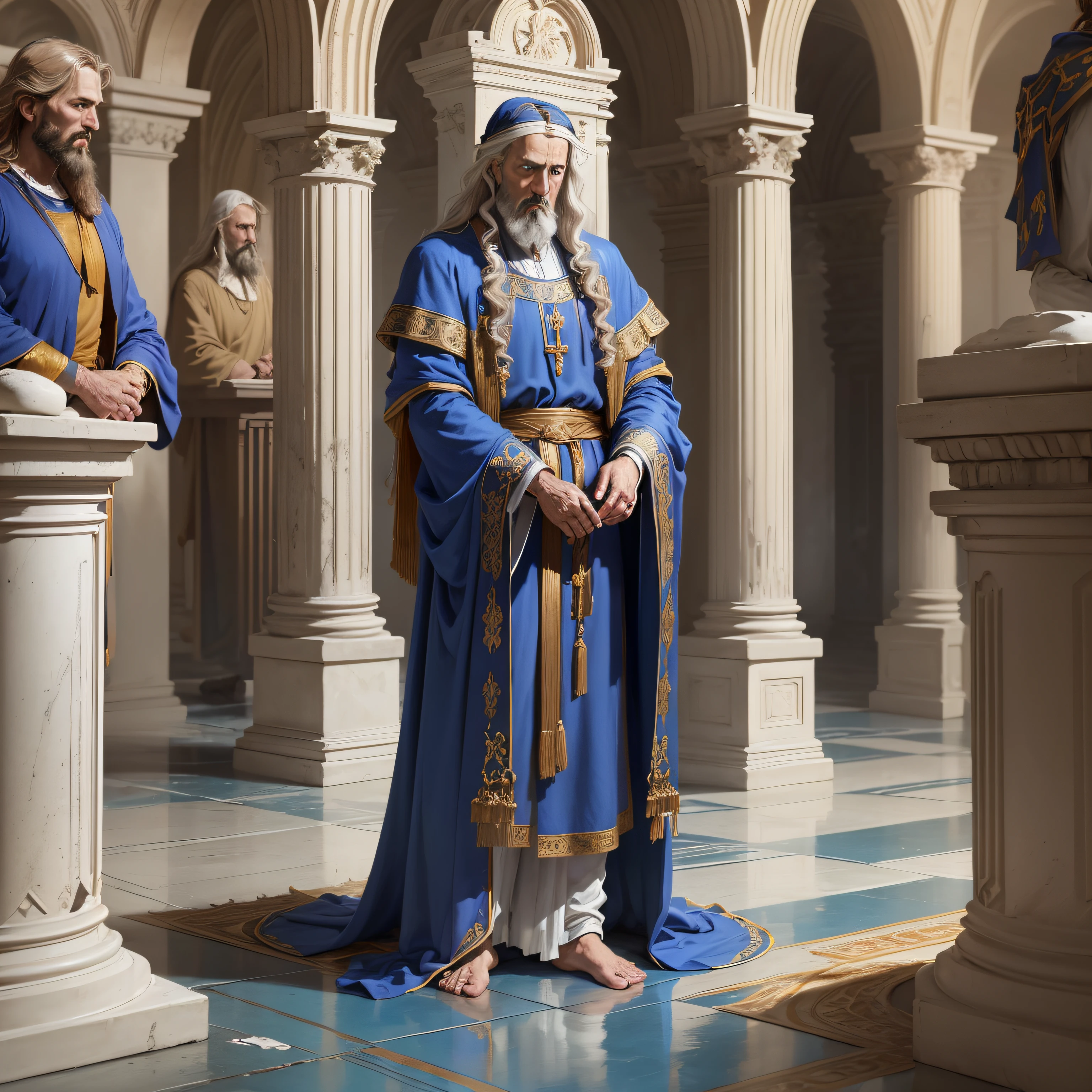 modelshoot style, (extremely detailed CG 8k wallpaper), ((full body photo)), 3 apostles of Jesus Christ: Peter Paul and John, leaning against columns, barefoot, blue robes, poor and torn old men, majestic professional oil painting by Ed Blinkey, trend in ArtStation, Intricate, High Detail, sharp focus, dramatic and photorealistic painting art