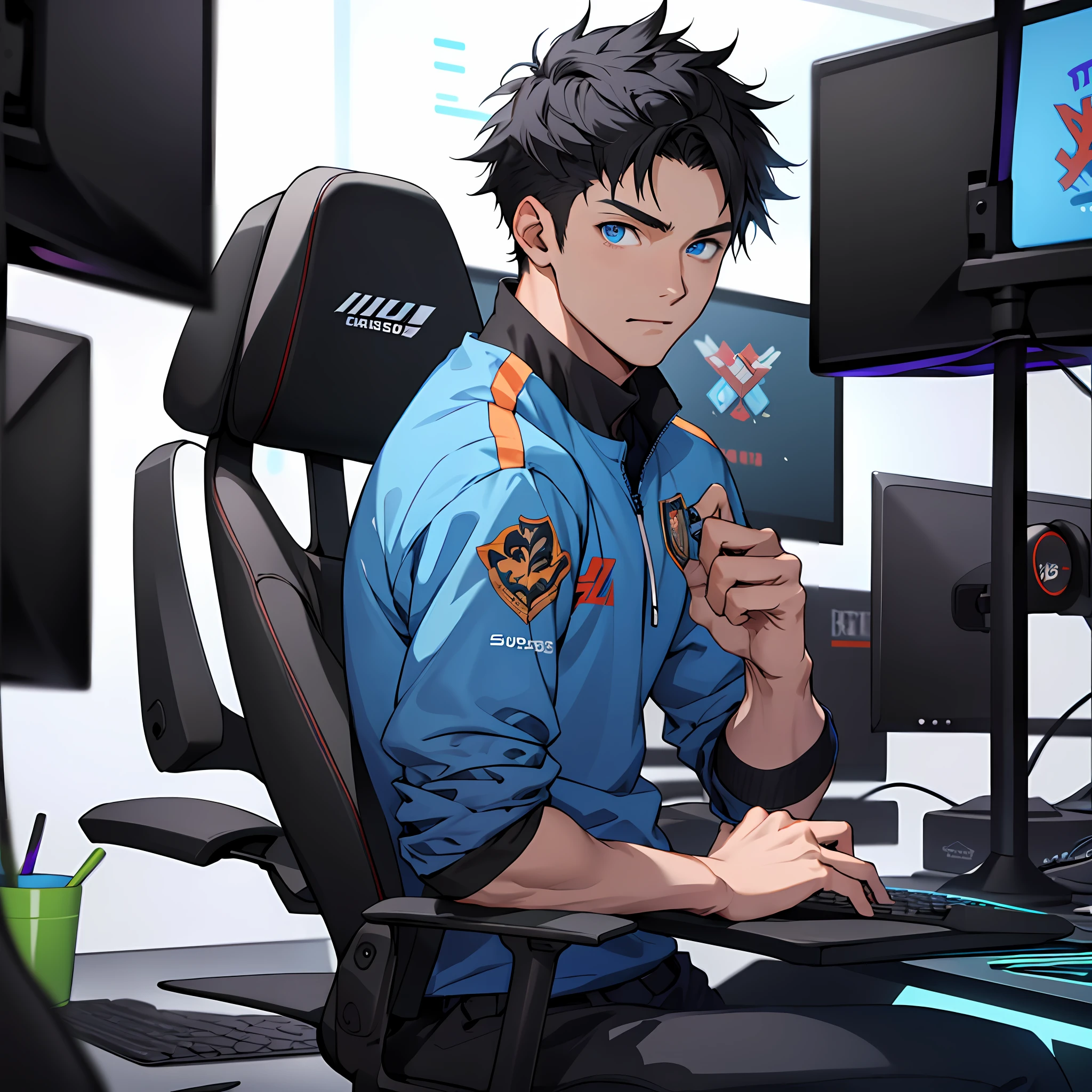 Best quality: 1.0), (Super High Resolution: 1.0), Anime boy, short black hair, blue eyes, sitting in front of computer playing games, background in esports room,