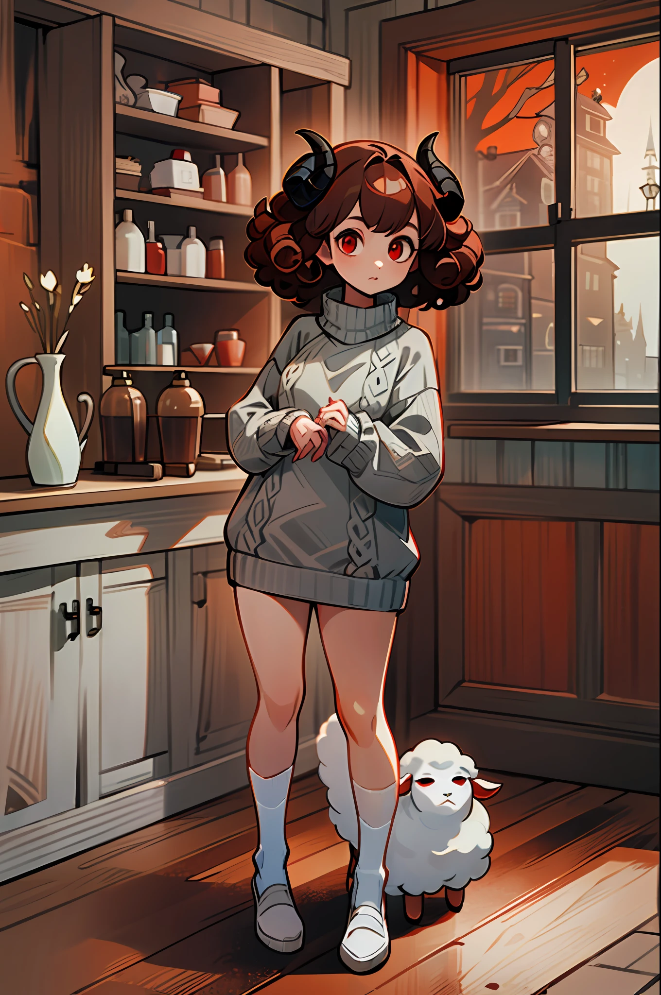 ((Full body):1.5),(Girl with sheep's horns):1.5) ,((brown curly hair):1.2), (wearing a gray wool sweater:1.4), ((red eyes):1.3), looking at the viewer, in an (old/rustic house),4k,