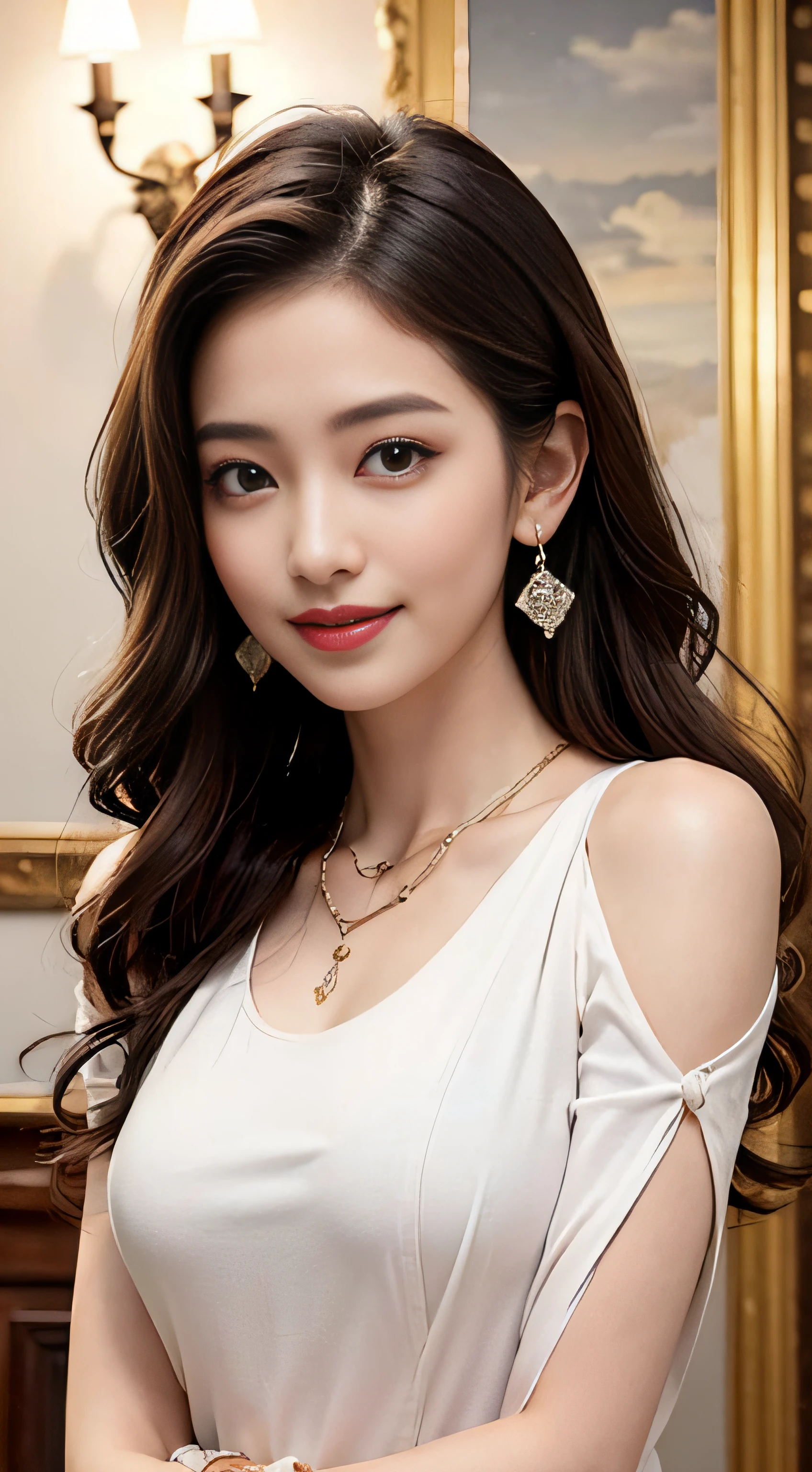 Real people, highest image quality, masterpiece, exquisite CG, highest resolution, ultra-clear picture quality, delicate facial features, peerless beauty, delicate and beautiful facial features, cute girl, red wavy curly hair, bow hairpin, oily red lips, sweet smile, smile, smile without teeth, delicate skin, shiny, moisturized skin, blushing face, pure, close-up, single, necklace, earrings, not exposed, dynamic action, (gorgeous long dress with round neck), skirt full of lace, bust, Rating: Safe