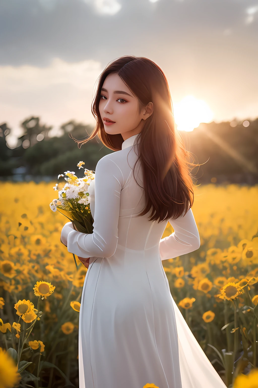 a beautiful girl in white aodai , masterpiece, best quality, realistic:1.3,in a field of flowers, holding bundle of flowers, sunlight, backlighting