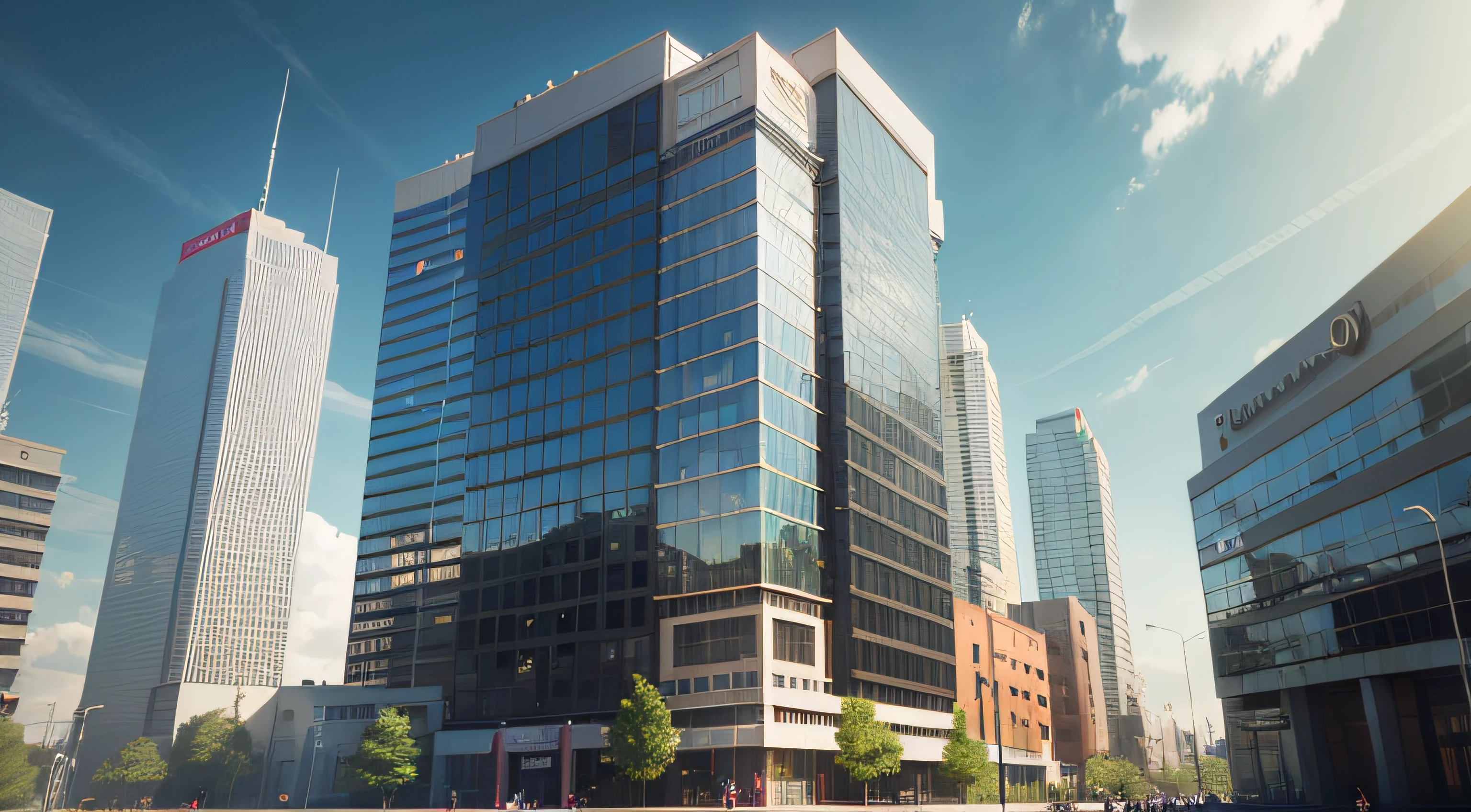 arafficial view of a city street with tall buildings and a Morning blue sky, highrise business district, with tall glass skyscrapers, buildings photorealism, realistic building, office building, realistic cinema 4 d render, with shiny glass buildings, glass buildings, rendered in v-ray, highly detailed render, very realistic 3 d render, a photorealistic rendering, Neat Window Rendering, Daytime, Main City building view --auto