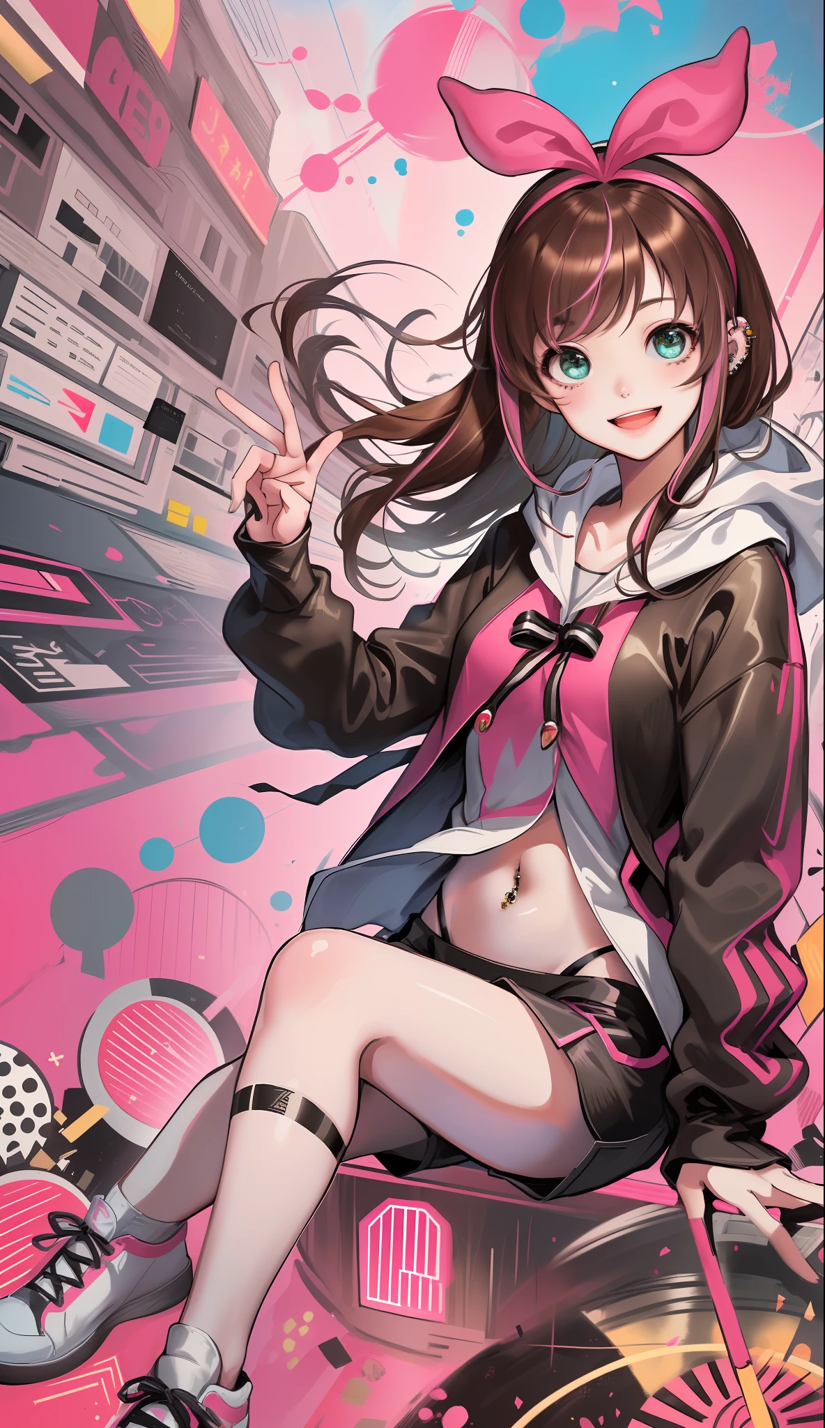 masterpiece, best quality, highres, 1girl, kizuna ai, small breasts ,long hair, brown hair, multicolored hair, floating hair, pink hairband, pink highlights, streaked hair, smiling, crop hoodie, navel, shorts, sneakers, navel piercing, thong