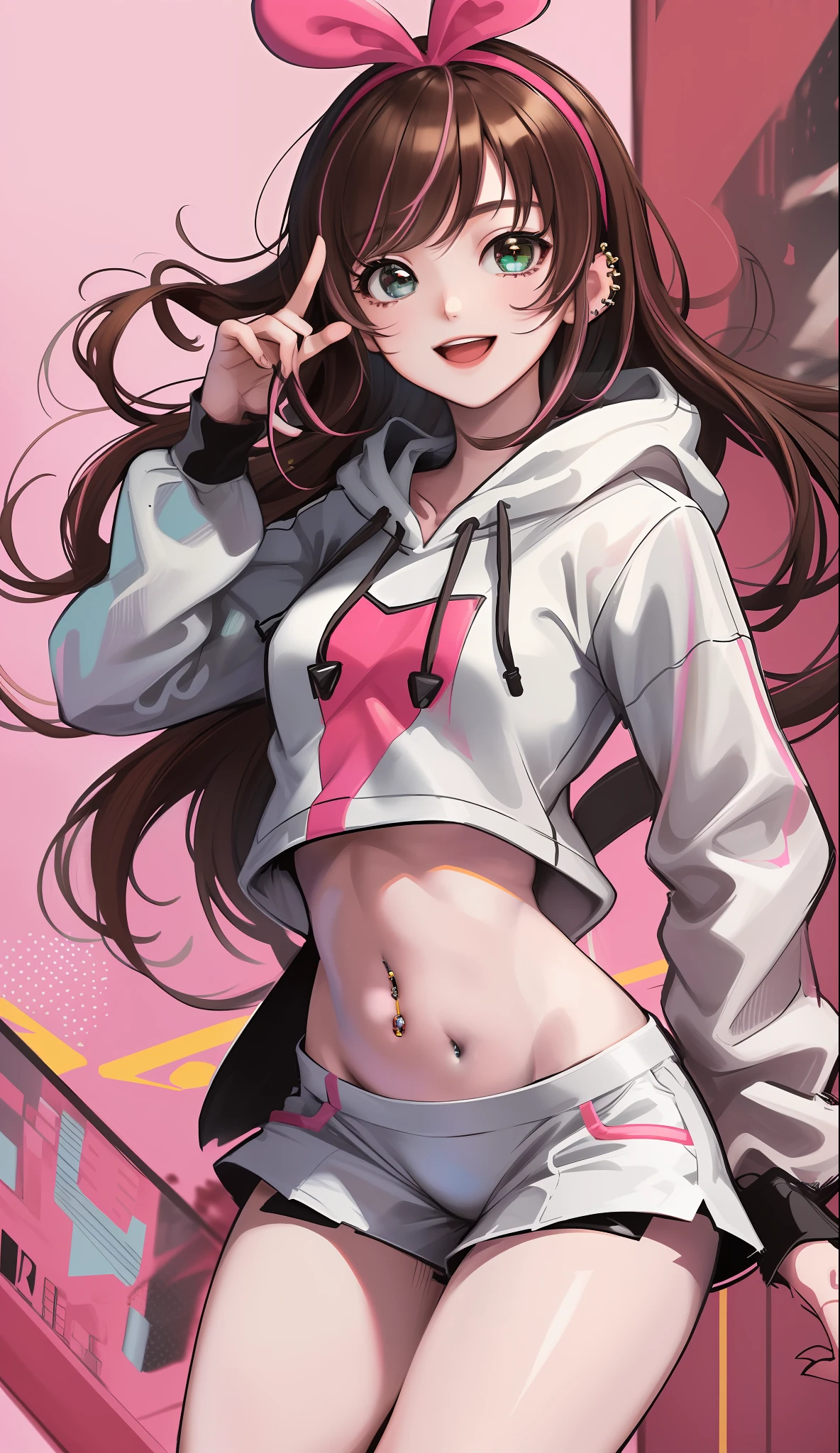 masterpiece, best quality, highres, 1girl, kizuna ai, small breasts ,long hair, brown hair, multicolored hair, floating hair, pink hairband, pink highlights, streaked hair, smiling, crop hoodie, navel, shorts, sneakers, navel piercing, thong