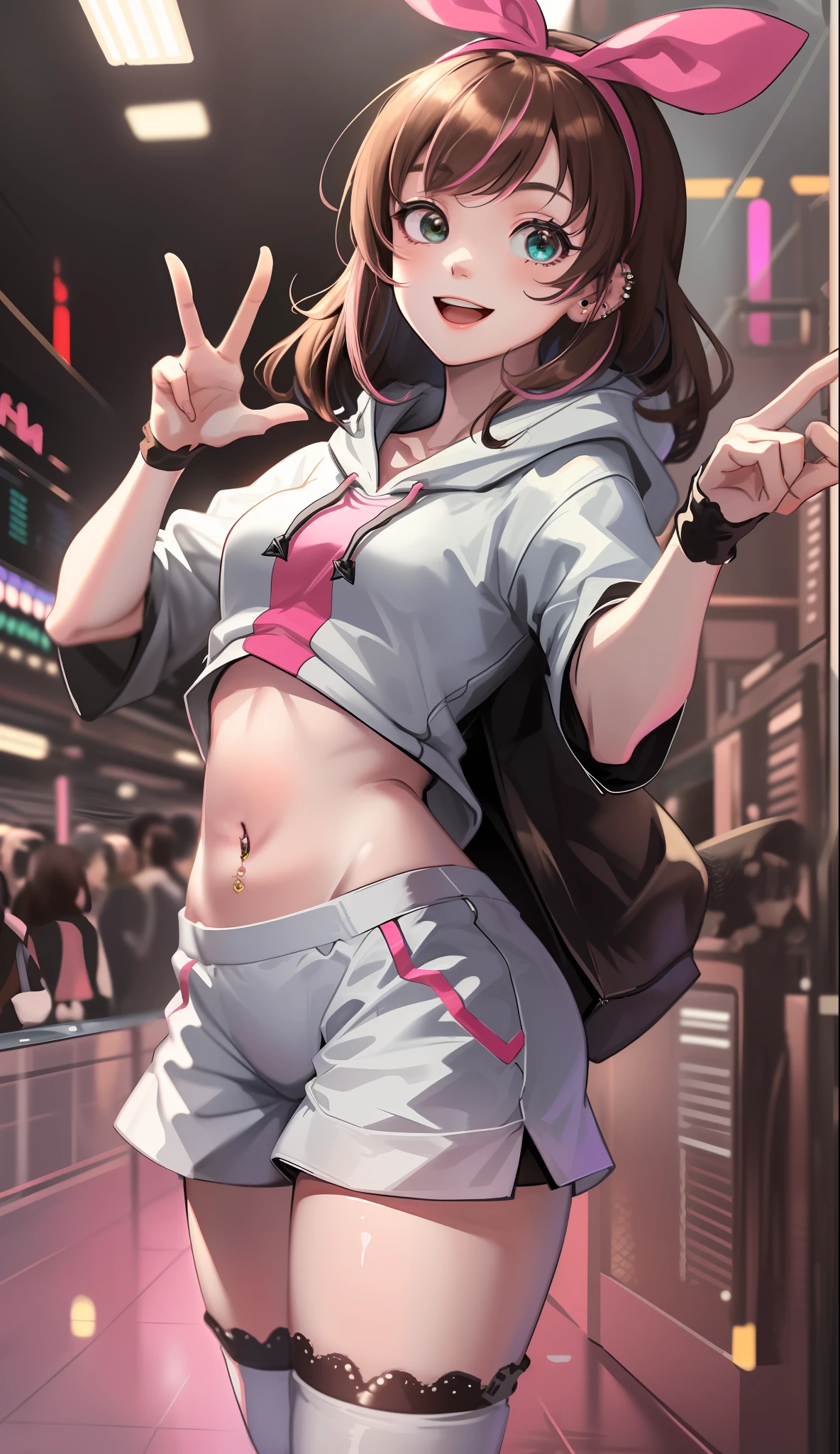 masterpiece, best quality, highres, 1girl, kizuna ai, small breasts ,long hair, brown hair, multicolored hair, floating hair, pink hairband, pink highlights, streaked hair, smiling, crop hoodie, navel, shorts, sneakers, navel piercing, thong