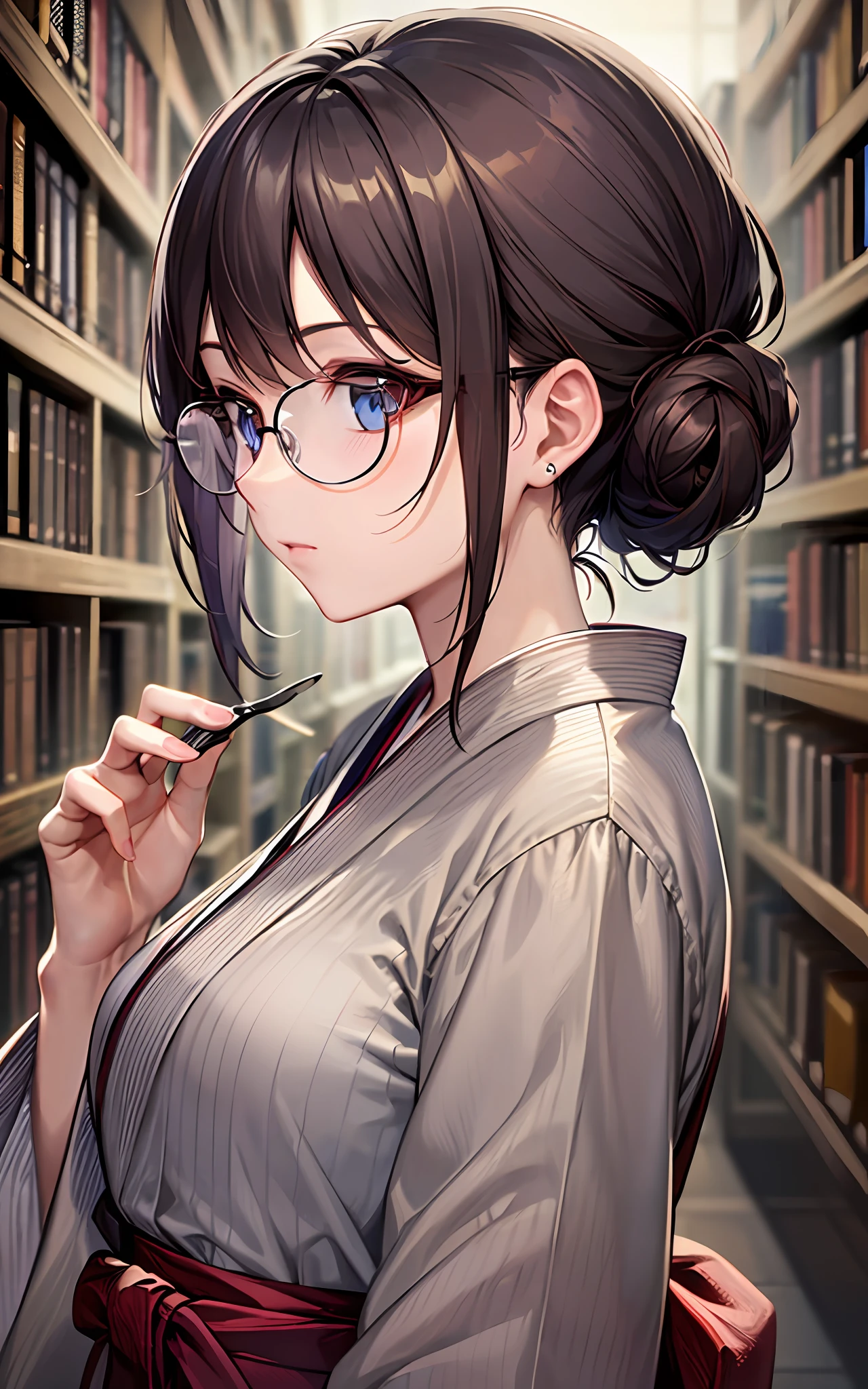 Top Quality, 8K, 4K, High Definition, Details Beautiful round glasses girl, dark-haired girl, Japan style everyday clothes, classic library, upper body in the picture,
