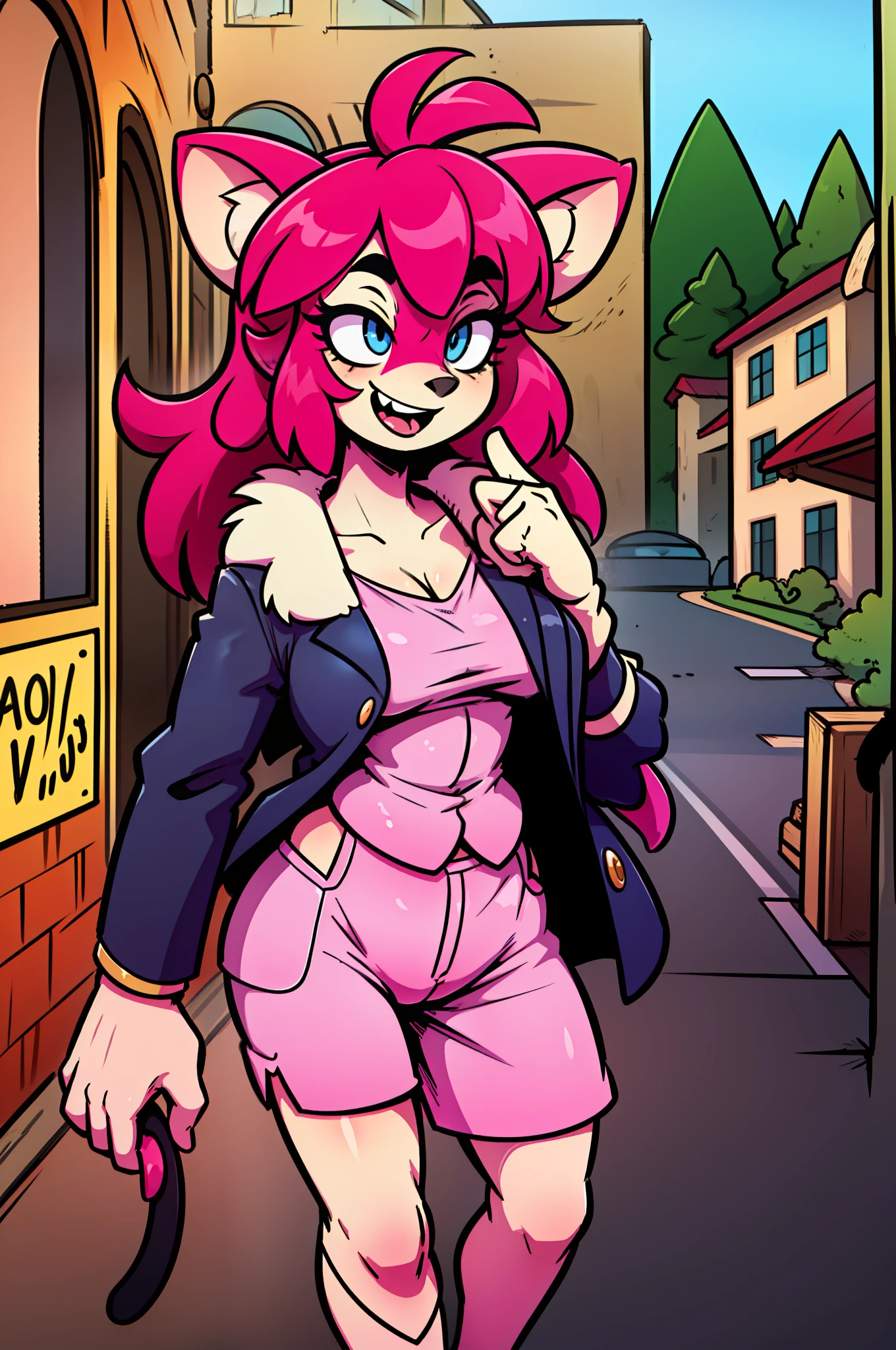 catgirl, furry, toon, cartoon, pink hair, walking,, lion tail, cat ears, animal nose, coat, vest, smile