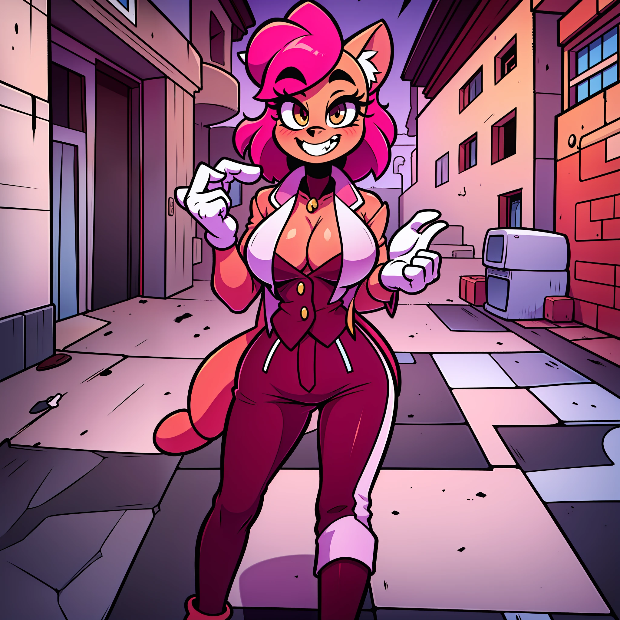 catgirl, furry, toon, cartoon, pink hair, walking,, lion tail, cat ears, animal nose, coat, vest, smile