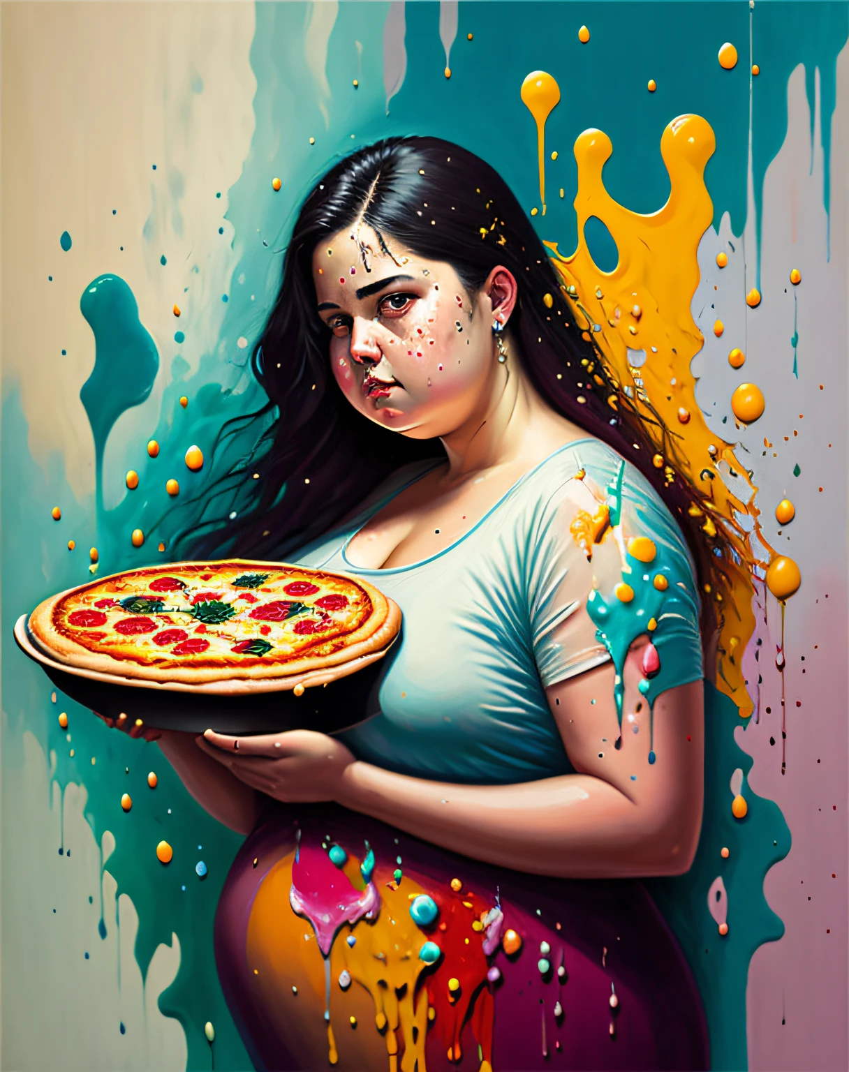Woman, fat, holding a pizza, sad, character rendering, very high quality model, ethereal background, abstract beauty, explosive volume, oil painting, heavy brushstrokes, paint drips