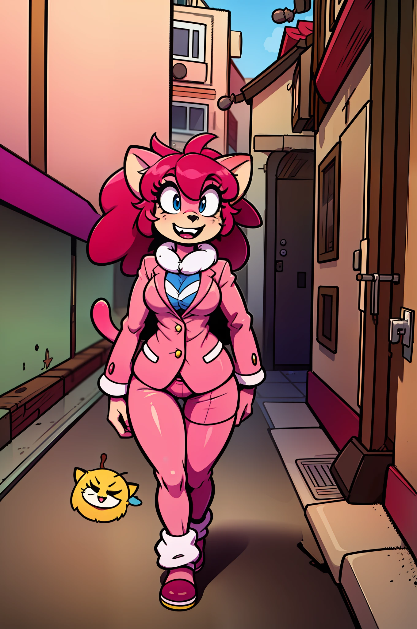 catgirl, furry, toon, cartoon, pink hair, walking,, lion tail, cat ears, animal nose, coat, vest, smile