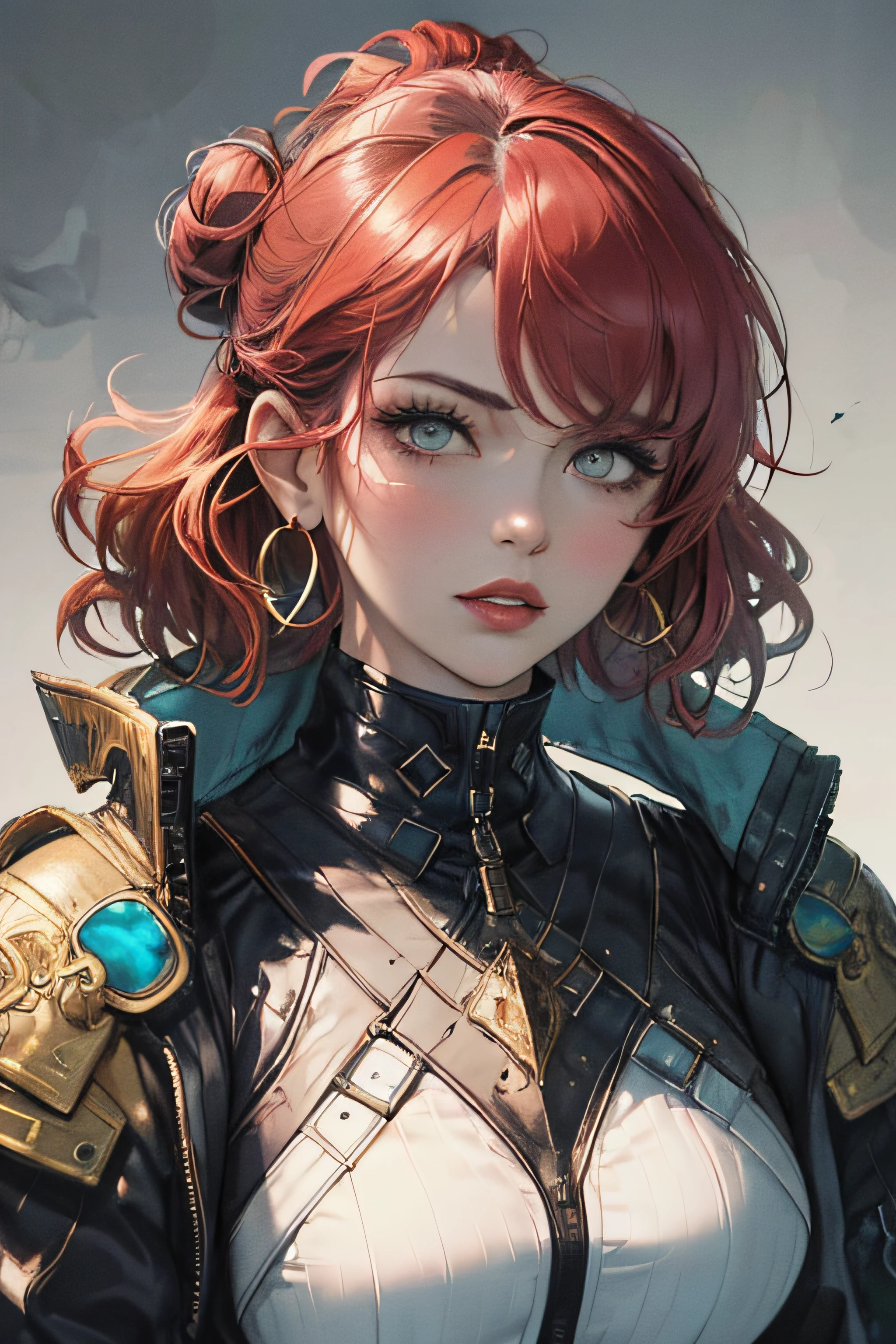 (masterpiece, top quality, best quality, official art, beautiful and aesthetic:1.2), (1girl:1.3), Charmer, Tall, Slim, Oval Face, Olive Skin, Red Hair, jade Eyes, Straight Nose, Pouty Lips, Prominent Chin, Shoulder-Length Hair, Curly Hair, High Messy Bun, round breasts, Dangle earrings, green, sheer lipstick, A woman with a sleek pixie cut and dressed in a futuristic and futuristic outfit, looking at viewer,close-up, limited palette, low contrast,