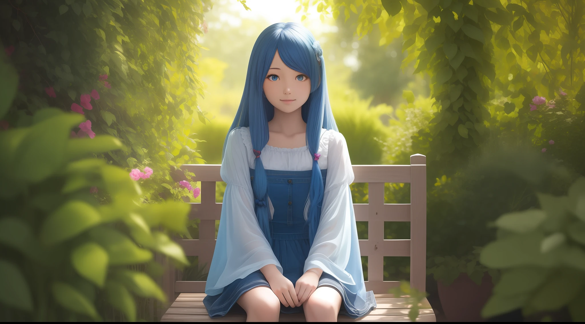 one cute girl sit on chair in garden, long blue hair, backlighting, high detail