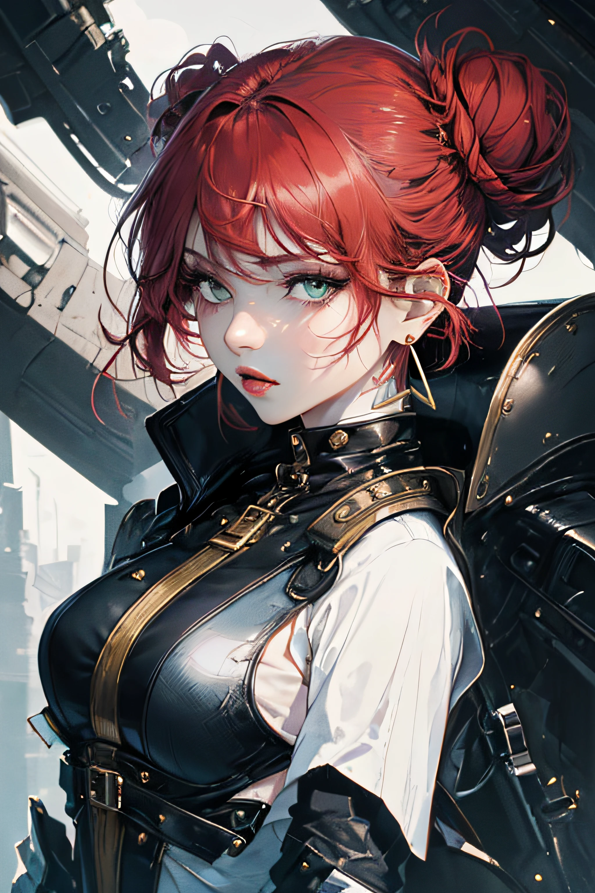 (masterpiece, top quality, best quality, official art, beautiful and aesthetic:1.2), (1girl:1.3), Charmer, Tall, Slim, Oval Face, Olive Skin, Red Hair, jade Eyes, Straight Nose, Pouty Lips, Prominent Chin, Shoulder-Length Hair, Curly Hair, High Messy Bun, round breasts, Dangle earrings, green, sheer lipstick, A woman with a sleek pixie cut and dressed in a futuristic and futuristic outfit, looking at viewer,close-up, limited palette, low contrast,