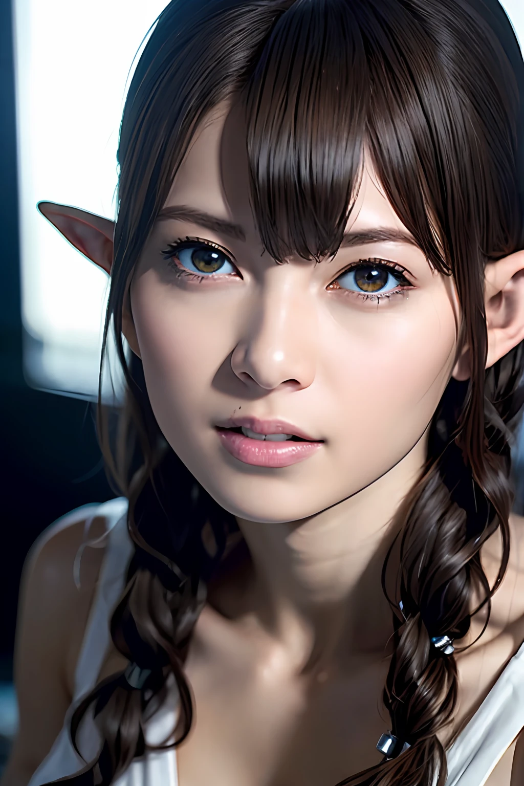 Ultra-detailed complex 3D rendering of the face, (Colossal: 8.8), (masterpiece, top quality, octane rendering, 8K), glamour shot full body image, very beautiful young elf, cleavage, (very detailed skin: 1.2), (exposure: 1.1), (blonde elf)))), (wearing a plummeted tank top shirt of white silk: 1.5)), , Beautiful Caucasian woman with big buttocks full soft breasts and white skin, one, long braided hair, big breasts, dynamic angle, mystical expression, ultra-realistic photos, (((((portrait)))), bare feet, futuristic urban background, facial muscles, detailed and beautiful queen tiara, in the style of Marvel Comics, ArtStation trends, clear focus, studio photography, intricate detail, highly detailed, detailed yellow eyes, sharp focus, digital rendering, professional, abs, shot with Canon EOS R 6, natural jungle, open mouth lightly (sexy pose))),