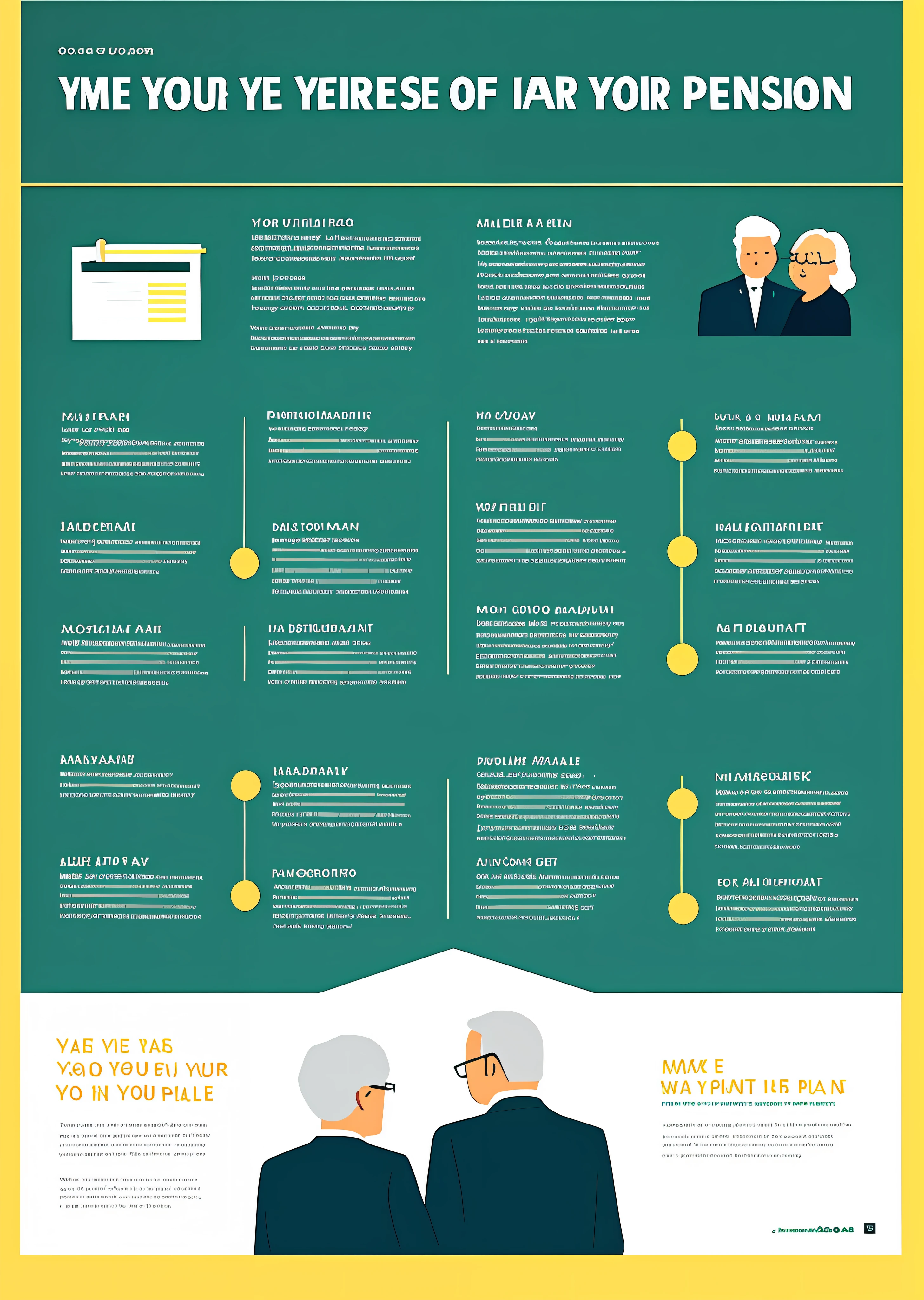 Create a minimalist style poster with "Make a plan for pension investment while you are young", showing a young man and an elderly couple, without any words