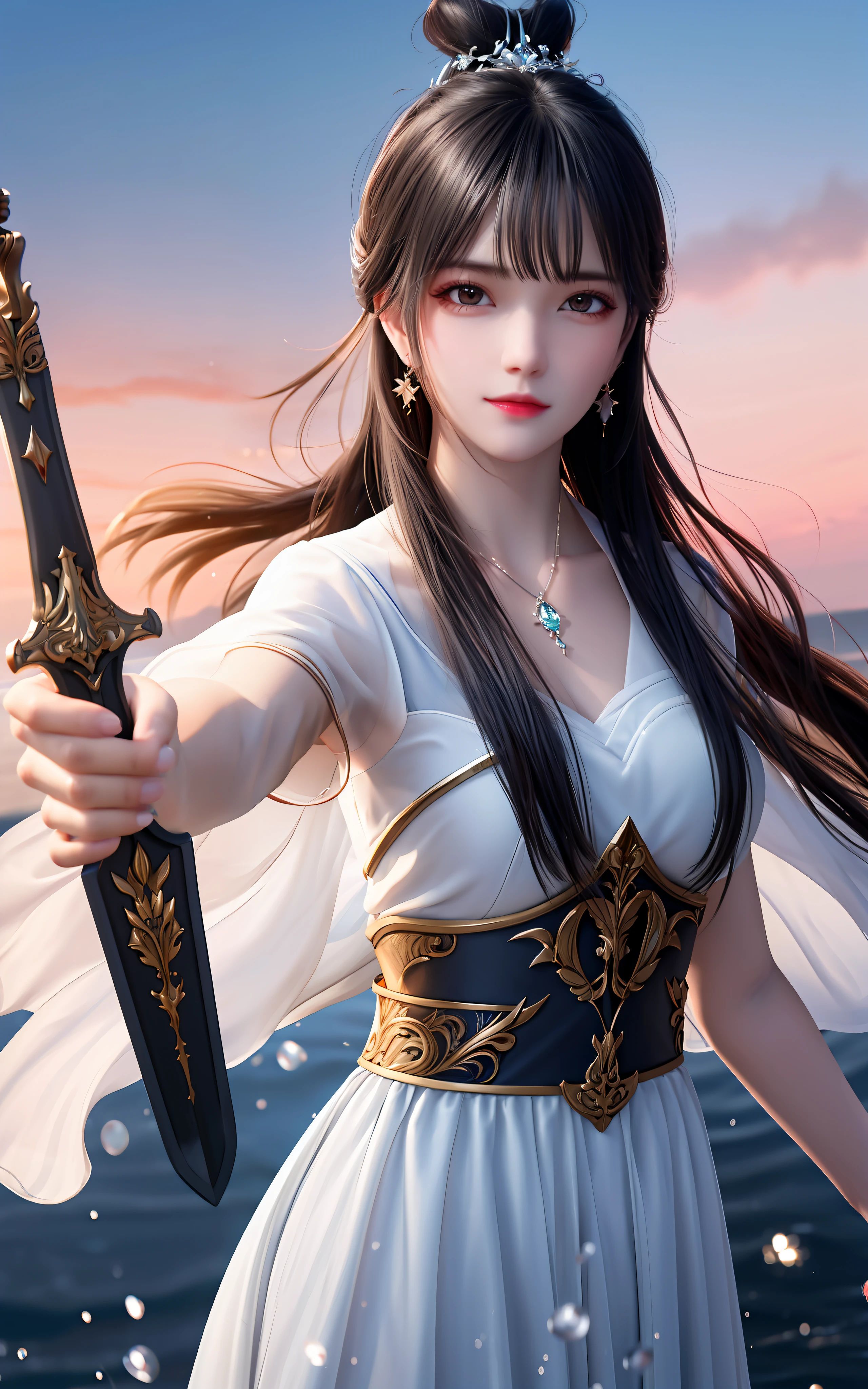 best quality,masterpiece,highres,cg,
1girl,weapon,sword,long hair,dress,water,solo,jewelry,white dress,earrings,hair ornament,splashing,upper body,hair bun,black hair,
lighting,candid,Photograph,high resolution,4k,8k,Bokeh,