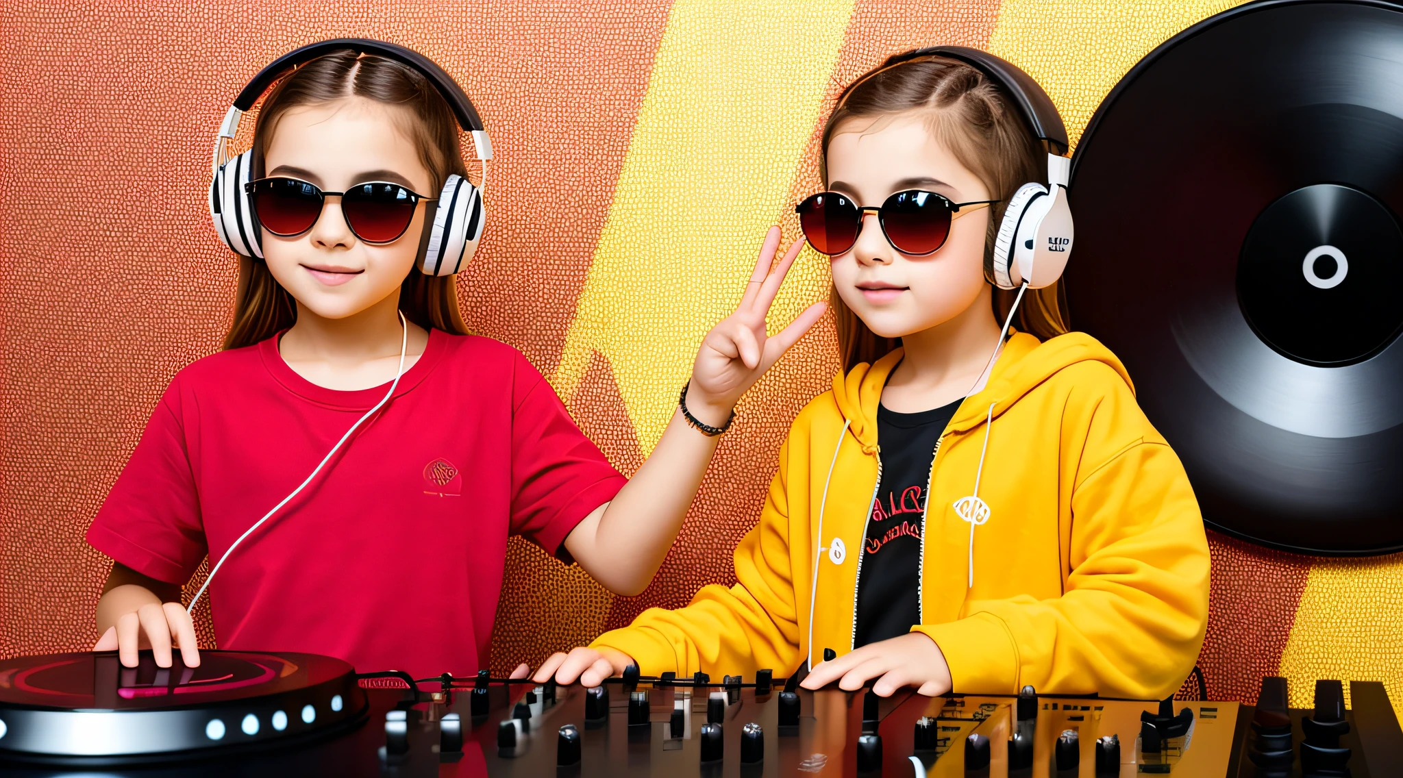 mENINA BLONDE CHILD IN BRAIDS, in yellow dress with headphones and sunglasses making a peace sign, vibrating with music, girl wearing headphones, with headphones, music is life, playing music, with headphones, listening to pious music, loud music, good music, wearing orange sunglasses, listening to music,  In front of an orange background, DJ rave headphones, wearing red and yellow clothes