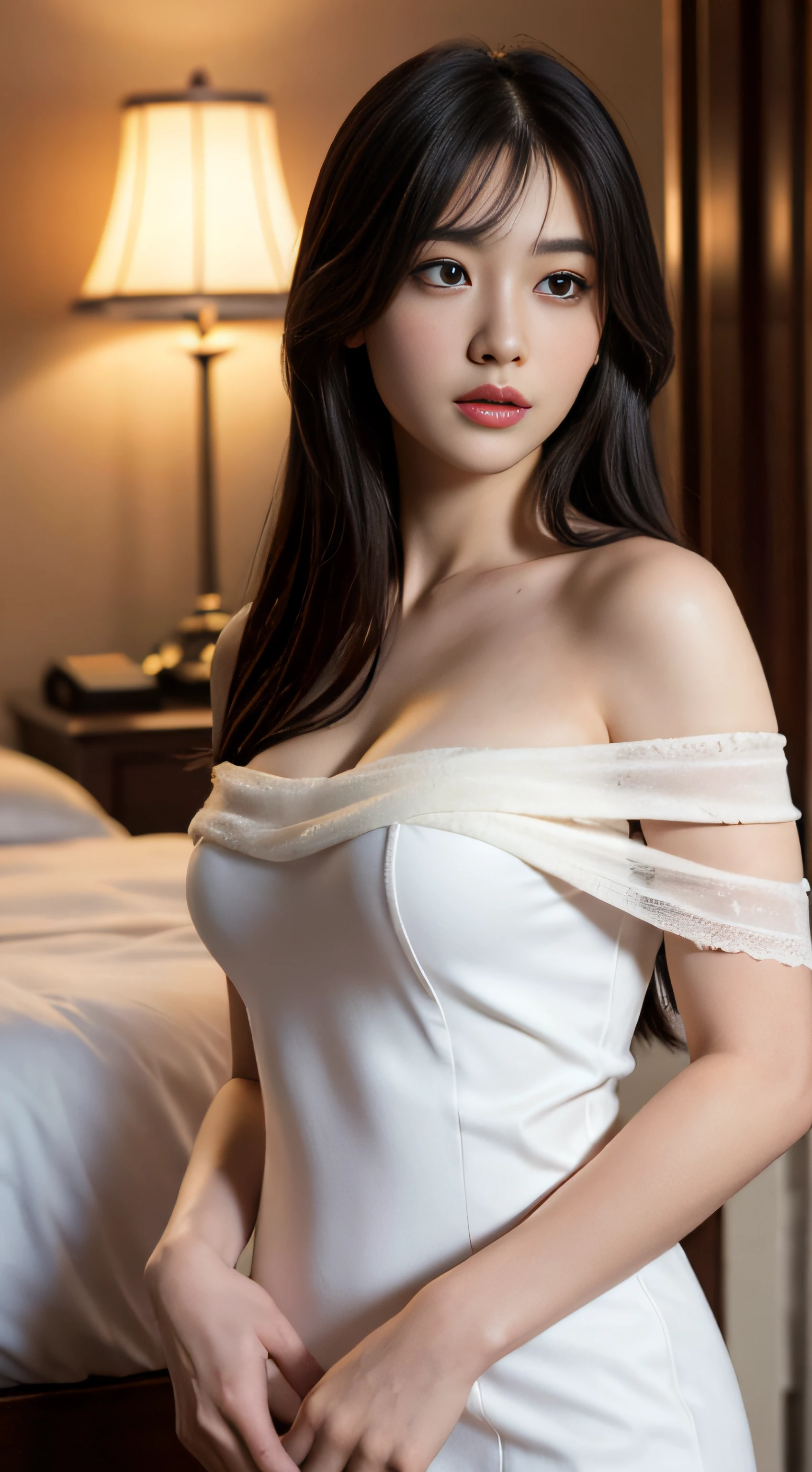 Half length portrait, realistic, photo realistic, best quality, masterpiece, extremely delicate and beautiful, extremely detailed, CG, 8K, amazing, fine details, masterpiece, best quality, extremely detailed CG unified 8K wallpaper, super detailed, high-resolution, extremely detailed, a beautiful girl, cute, sweet, hair details, thin bangs, shawl hair, off shoulder, white Slip dress, lace edge, pajamas, nightdress, white skirt, Long legs, exquisite makeup, slim figure, Tindall effect, infinite details, high quality, perfect composition, dynamic lens, master works, best picture quality, higher quality, high details, ultra high resolution, 8k resolution, Tindall effect, cinematic light, super realism, infinite details, highest picture quality, masterpiece, glowing skin, Tindall effect, realistic texture, master works, best picture quality, higher quality, high detail, Ultra high resolution, ultimate detail, 8k, best quality, ultimate detail, realistic texture, realistic, high detail, detailed background, pure, indoor, bedroom, bed, night, desk lamp, dim light environment, illustration, (facial specific)