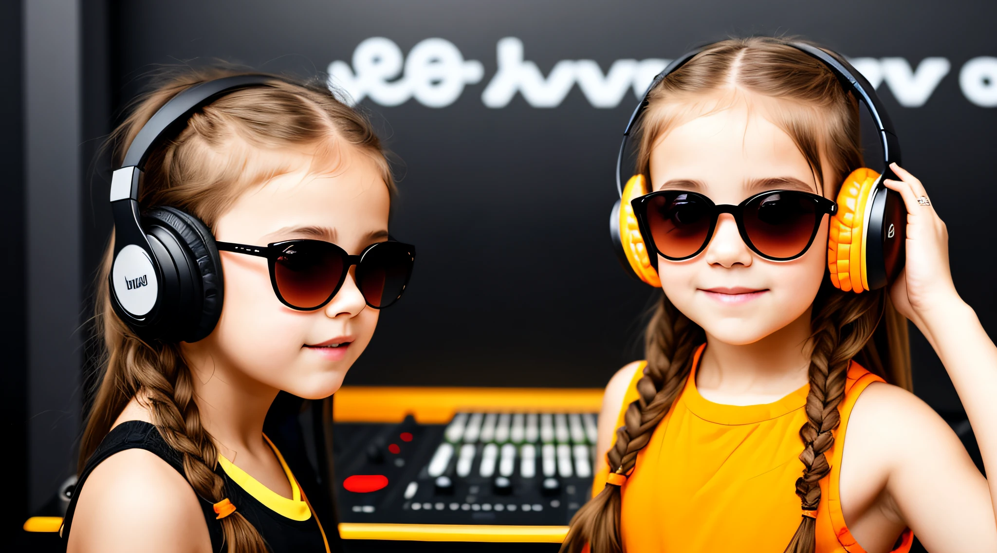 BLONDE CHILD IN BRAIDS, in yellow dress with headphones and sunglasses making a peace sign, vibrating with music, girl wearing headphones, with headphones, music is life, playing music, with headphones, listening to pious music, loud music, good music, wearing orange sunglasses, listening to music, In front of an orange background, DJ rave headphones, wearing red and yellow clothes