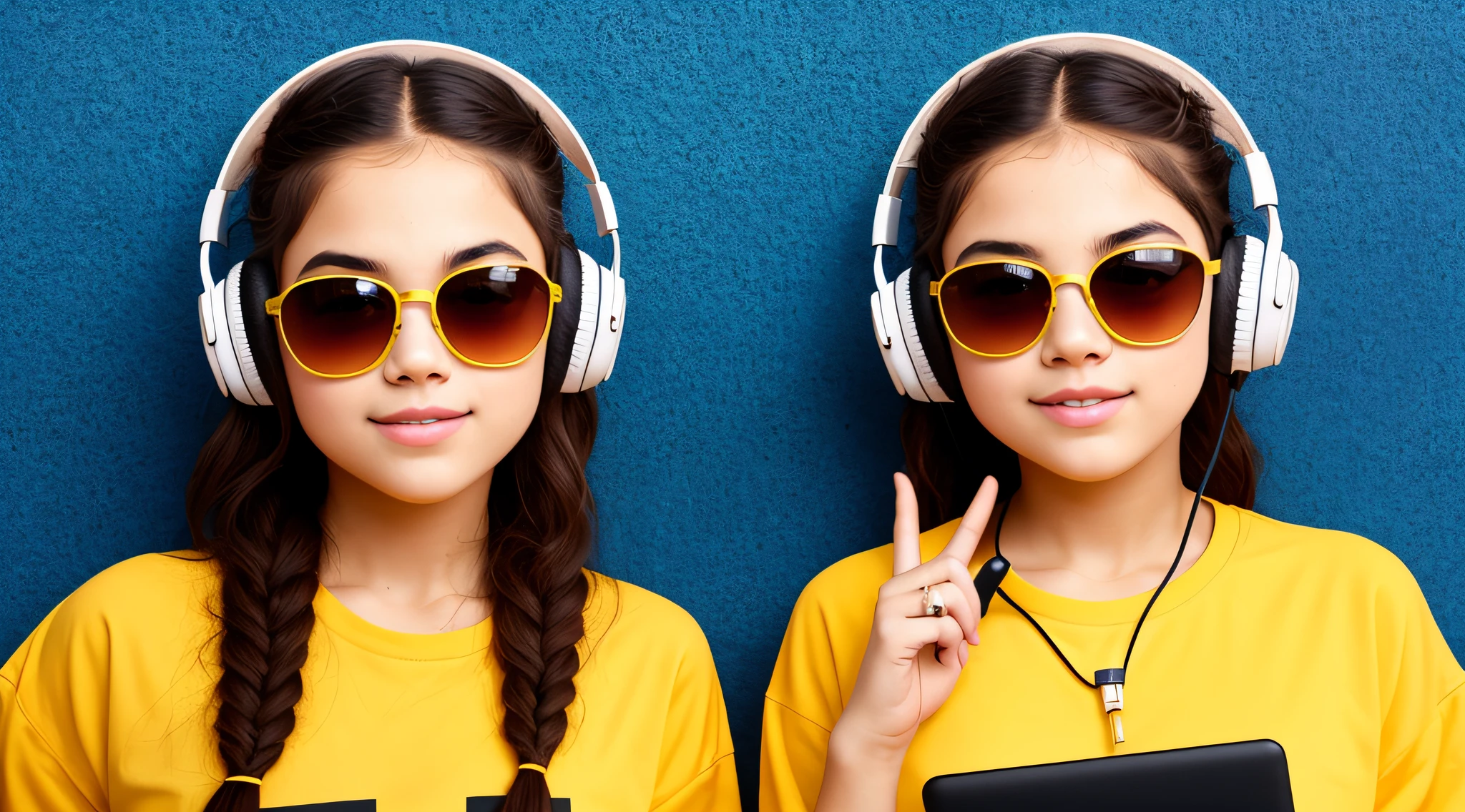 BLONDE CHILD IN BRAIDS, in yellow dress with headphones and sunglasses making a peace sign, vibrating with music, girl wearing headphones, with headphones, music is life, playing music, with headphones, listening to pious music, loud music, good music, wearing orange sunglasses, listening to music, In front of an orange background, DJ rave headphones, wearing red and yellow clothes