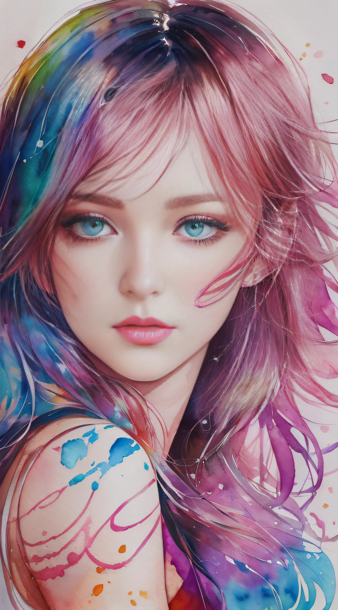 (8k, best quality, masterpiece:1.2),(best quality:1.0), (ultra highres:1.0), watercolor, a beautiful woman, shoulder, hair ribbons, by agnes cecile, half body portrait, extremely luminous bright design, pastel colors, (ink:1.3), autumn lights,