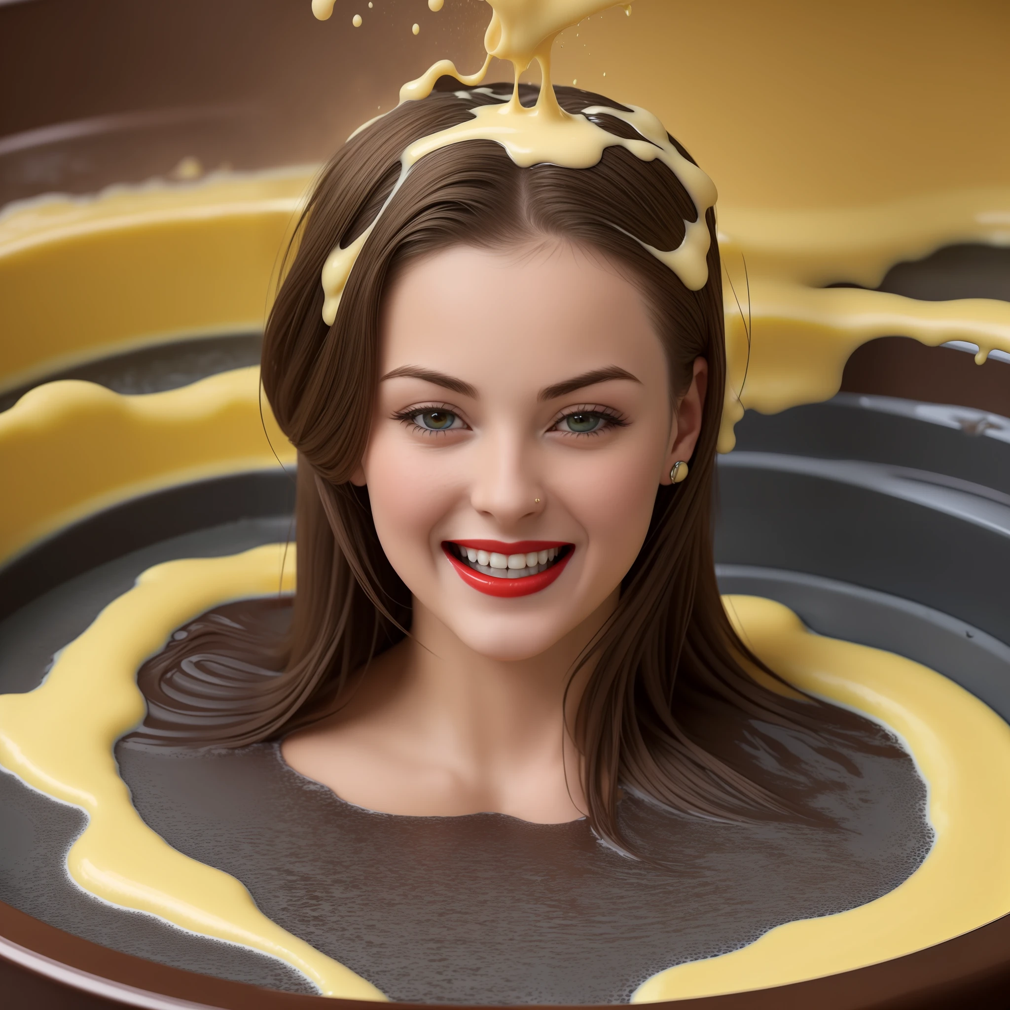Photo realism, 8k, detailed, a hot tub full to the brim with yellow custard, thick yellow liquid fills the hot tub, a beautiful y woman is sitting in the hot tub, wearing a smart navy shirt, agepretty, perfect face, (make up, red lips), (dark brown hair, beautiful long brown hair, salon beautifully styled hair), ((laughing as large quantities of custard pours onto her head and hair)), she is engulfed in the thick yellow liquid