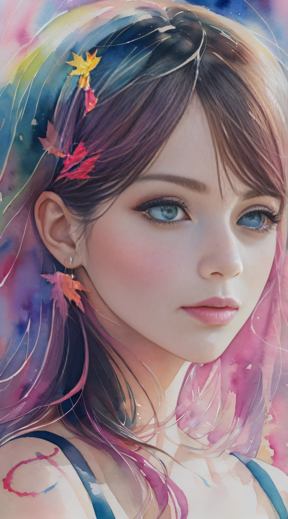 (8k, best quality, masterpiece:1.2),(best quality:1.0), (ultra highres:1.0), watercolor, a beautiful woman, shoulder, hair ribbons, by agnes cecile, half body portrait, extremely luminous bright design, pastel colors, (ink:1.3), autumn lights,