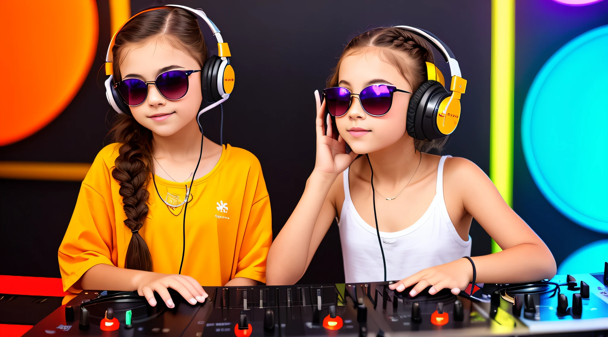 BLONDE CHILD IN BRAIDS, in yellow dress with headphones and sunglasses making a peace sign, vibrating with music, girl wearing headphones, with headphones, music is life, playing music, with headphones, listening to pious music, loud music, good music, wearing orange sunglasses, listening to music, In front of an orange background, DJ rave headphones, wearing red and yellow clothes