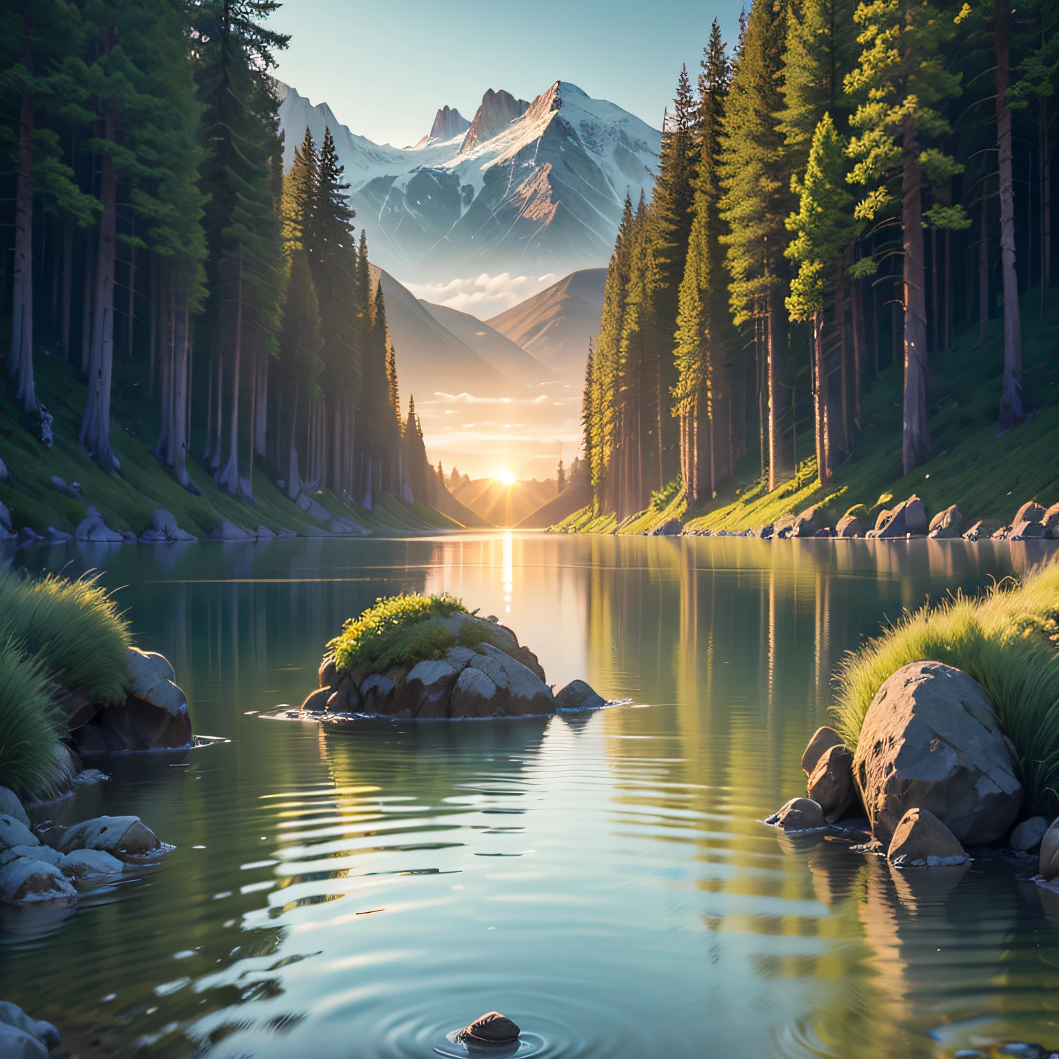 Imagine a tranquil landscape, with the presence of water, such as a serene lake or a calm river. The sun glows softly, creating golden reflections on the surface of the water. The landscape itself is stunning, with towering mountains in the background and lush green trees on the banks.

In this scene, you can feel God's presence in many ways. First, water itself symbolizes life and renewal, as a source of purification and refreshment. It represents the presence of God, who offers comfort and restoration to our weary souls.

The natural beauty of the landscape is also a testimony to the divine presence. The harmony of colors, the serenity of the environment, and the perfection of creation remind us of God's wisdom and goodness. This landscape invites you to contemplate the greatness and majesty of God, feeling small before his magnificence.

In addition, the tranquility and serenity of the landscape provide an environment conducive to communion with God. You can feel His presence through comforting silence and peaceful surroundings. It is a reminder that God is always present, even in the calmest and quietest situations.

In this watery landscape, God's presence is palpable. It is a scene that invites you to connect with the divine, to find peace, and to strengthen your faith as you contemplate creation and reconnect with the Creator. --auto