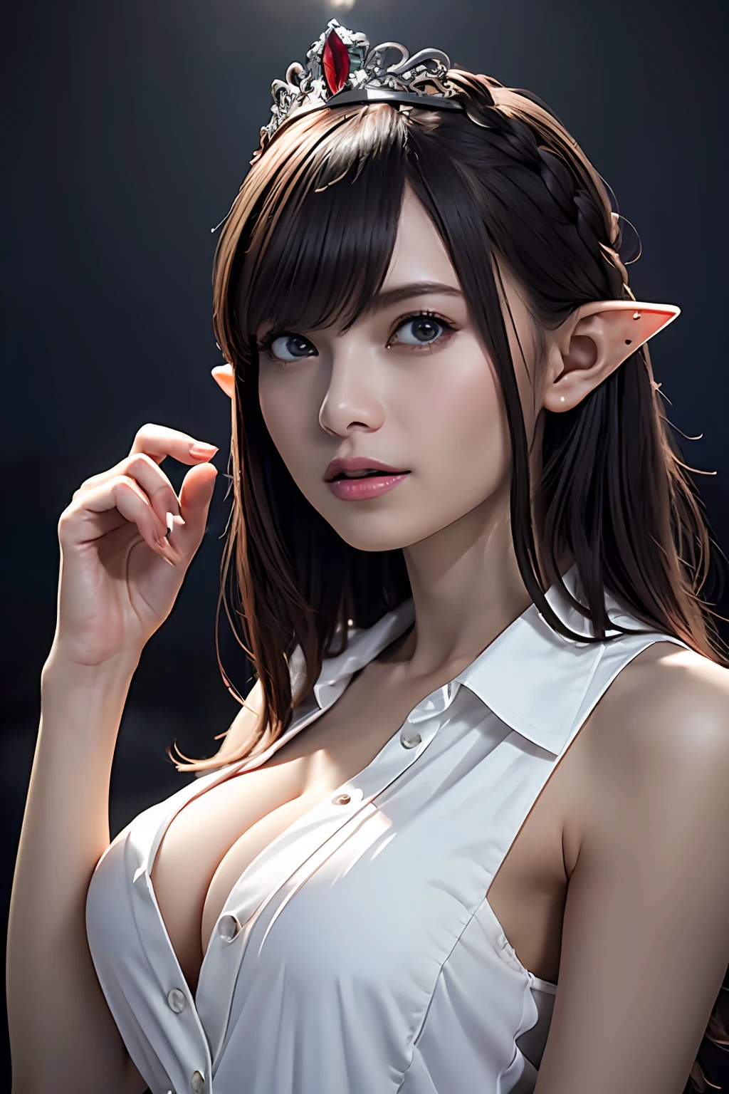 Ultra-detailed complex 3D rendering of the face, (Colossal: 8.8), (masterpiece, top quality, octane rendering, 8K), glamour shot full body image, very beautiful young elf, cleavage, (very detailed skin: 1.2), (exposure: 1.1), brown hair, ((wearing a plummet open shirt of white silk: 1.5)), beautiful Caucasian woman with full soft breasts and dark skin, big buttocks, 1 person, long braided hair, big breasts, dynamic angle, mystical expression, ultra-realistic photos, (((((portrait))), bare feet, futuristic urban background, facial muscles, detailed and beautiful queen crown, in the style of Marvel Comics, ArtStation trends, clear focus, studio photography, intricate details, very detailed, detailed red eyes, very detailed, Sharp focus, digital rendering, professional, abs, dark gray background, shot with Canon EOS R 6, (Sexy Pose)))), seductive look,